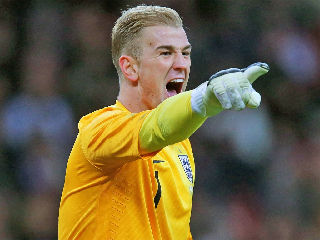 Joe Hart makes a point at Wembley