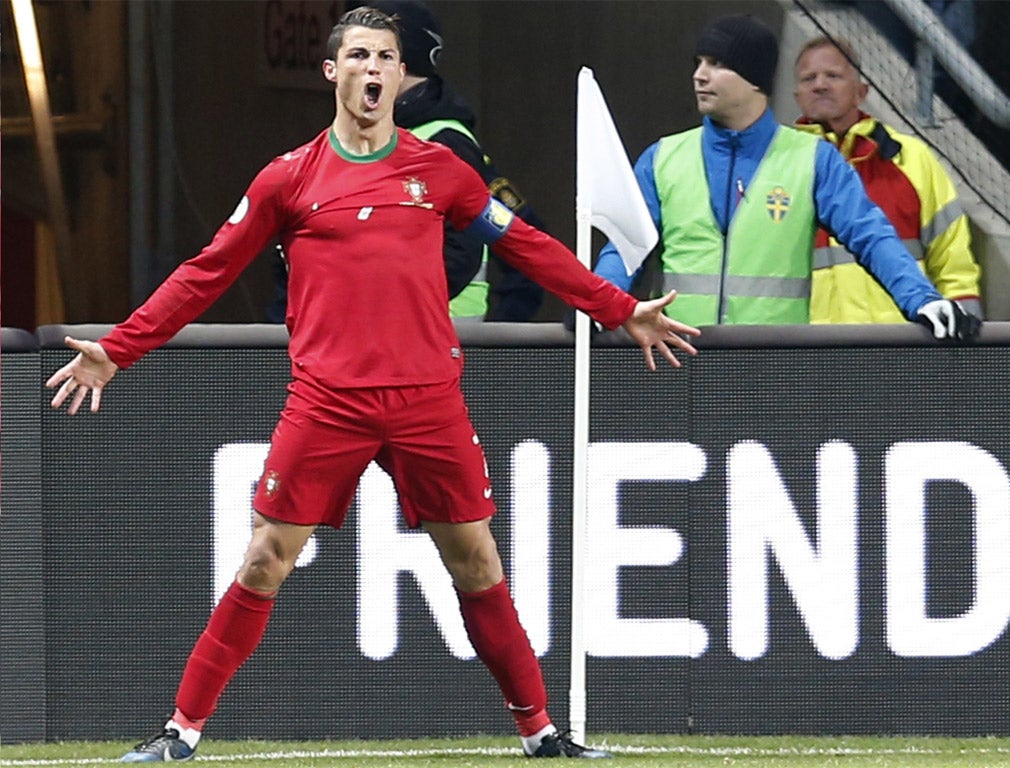 Cristiano Ronaldo celebrates one of his goals against Sweden