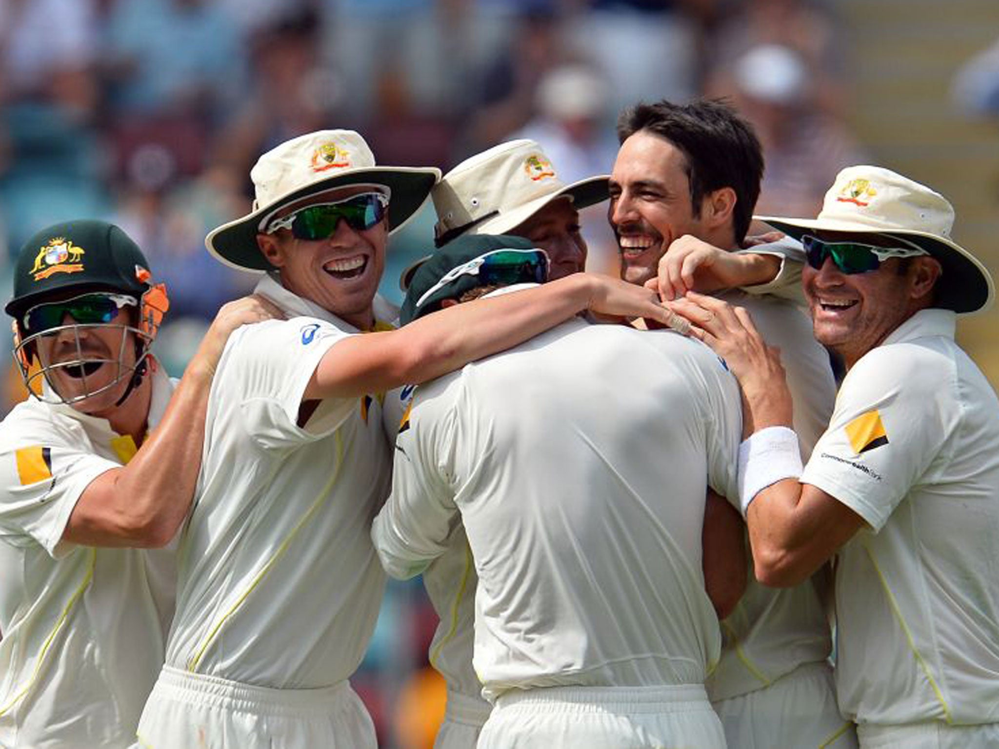 Mitchell Johnson celebrates the wicket of Michael Carberry