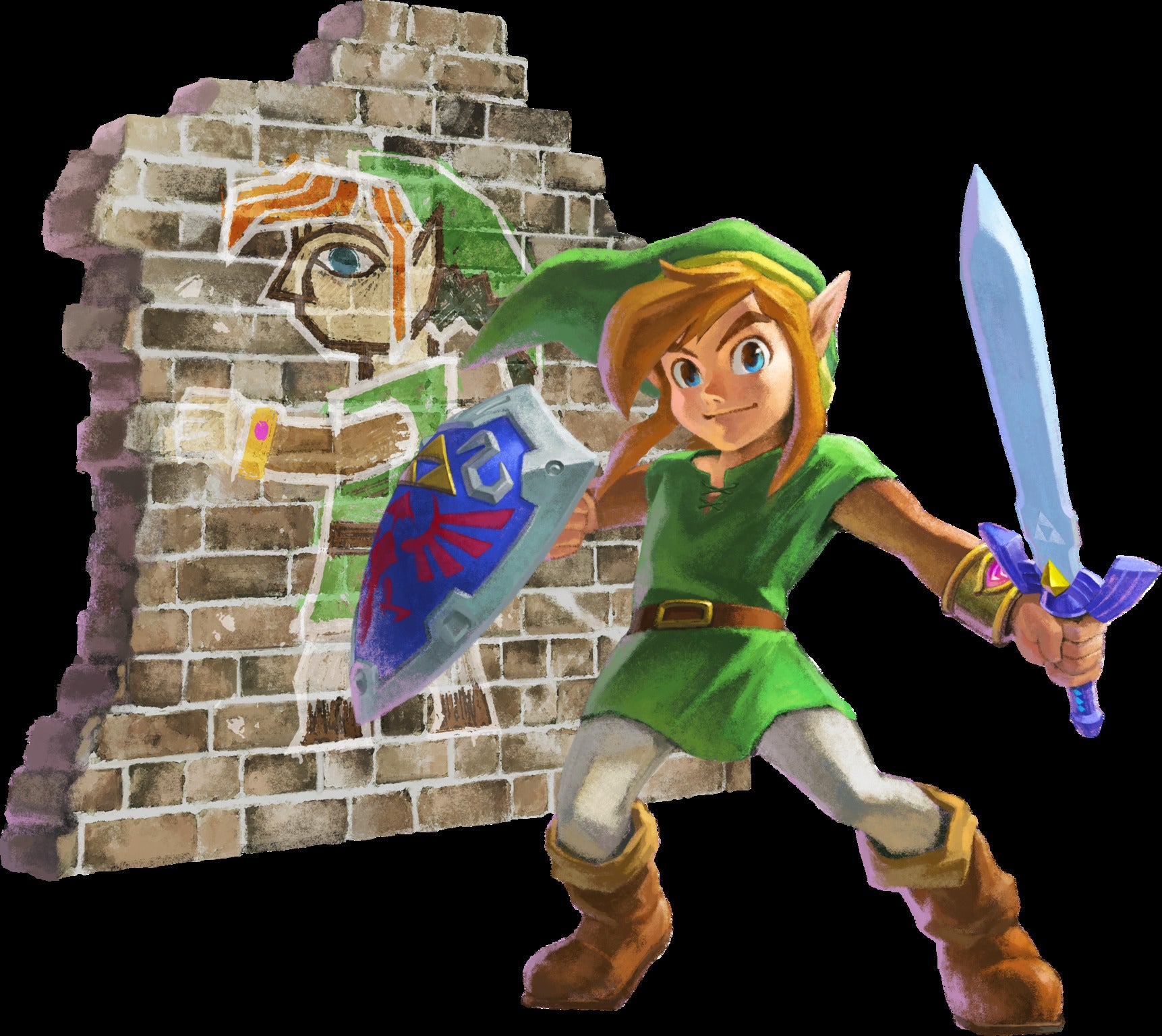 Link is shown next to his wall-bound drawing doppleganger.