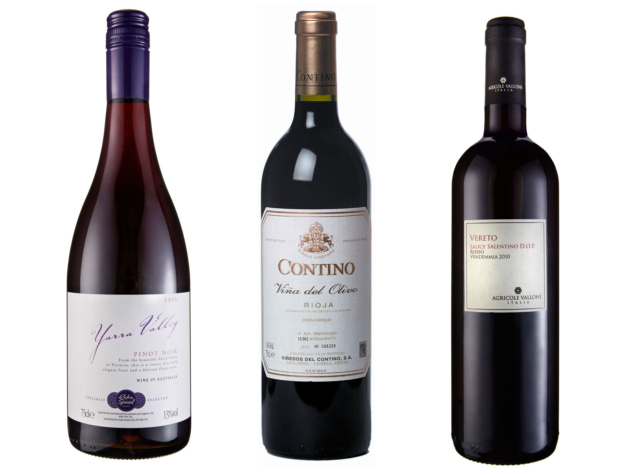 2012 Extra Special Yarra Valley Pinot Noir; 2005 Contino Rioja, Alavesa; 2010 Vereto Salice Salentino