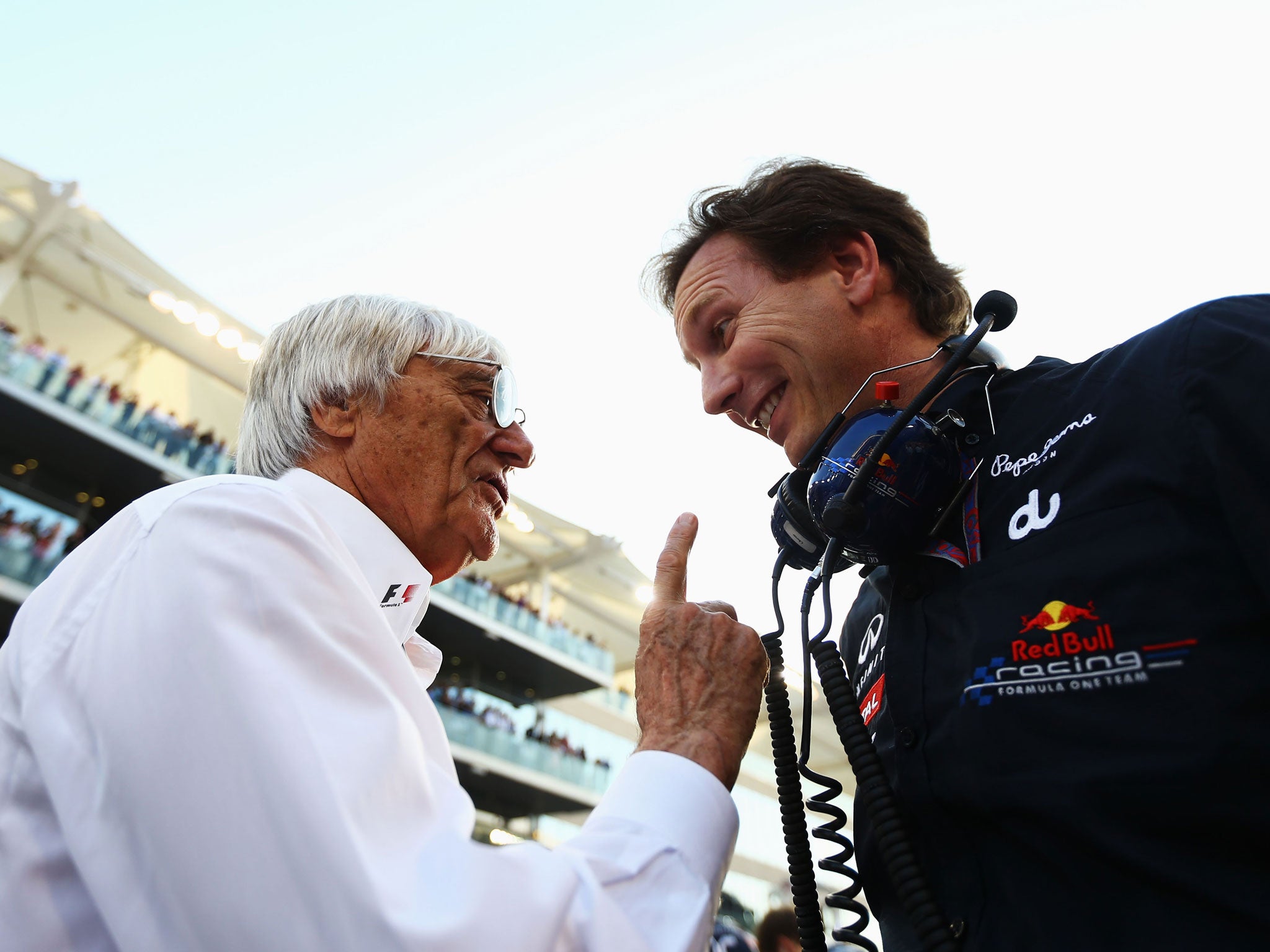 Christian Horner gets the point in an amiable exchange with ageing Formula One chief Bernie Ecclestone