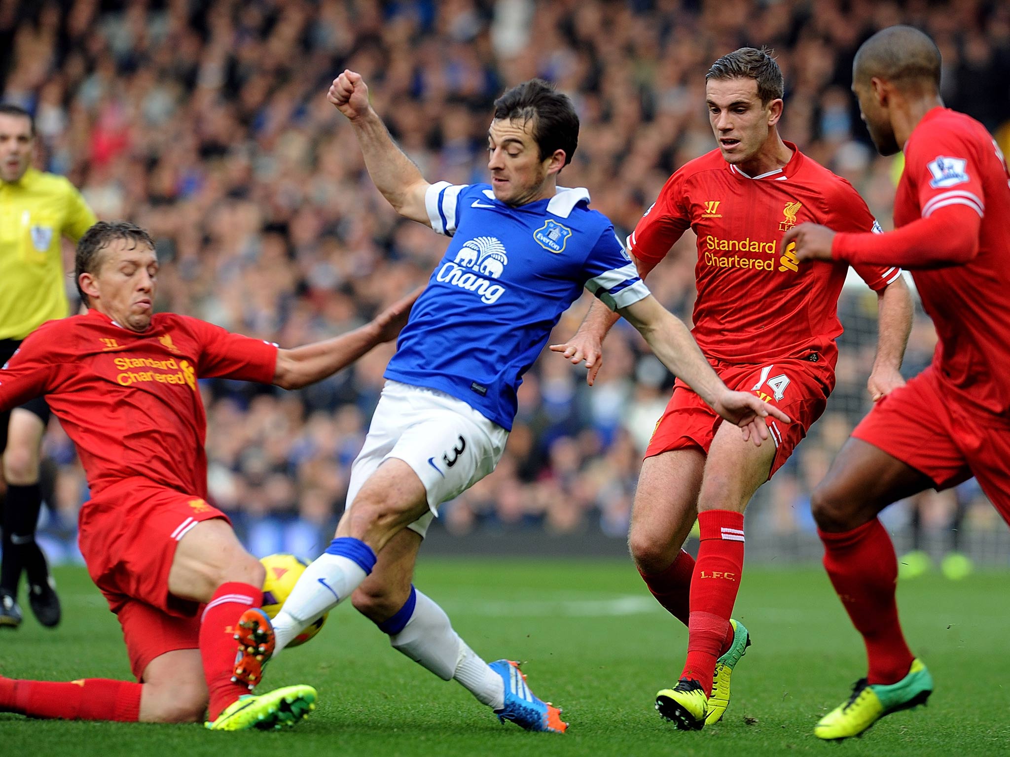 Leighton Baines pictured during the Merseyside derby which ended 3-3