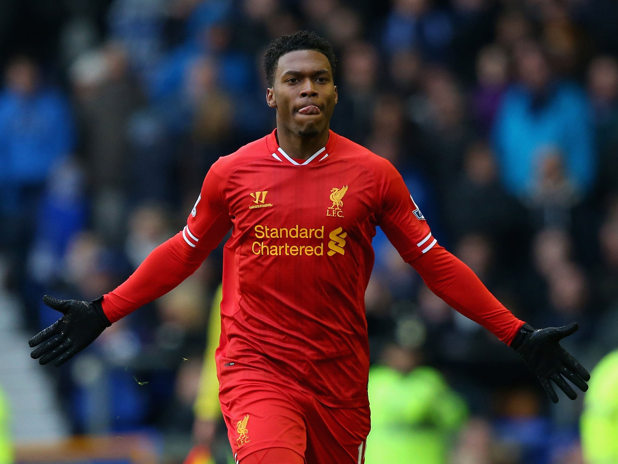 Daniel Sturridge celebrates after scoring an equaliser for Liverpool against Everton