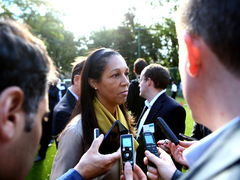 Minister of Sport and Equalities Helen Grant MP answers questions from the media during the Premier League and the FA Facilities Fund Launch at The London Nautical School on October 23, 2013 in London