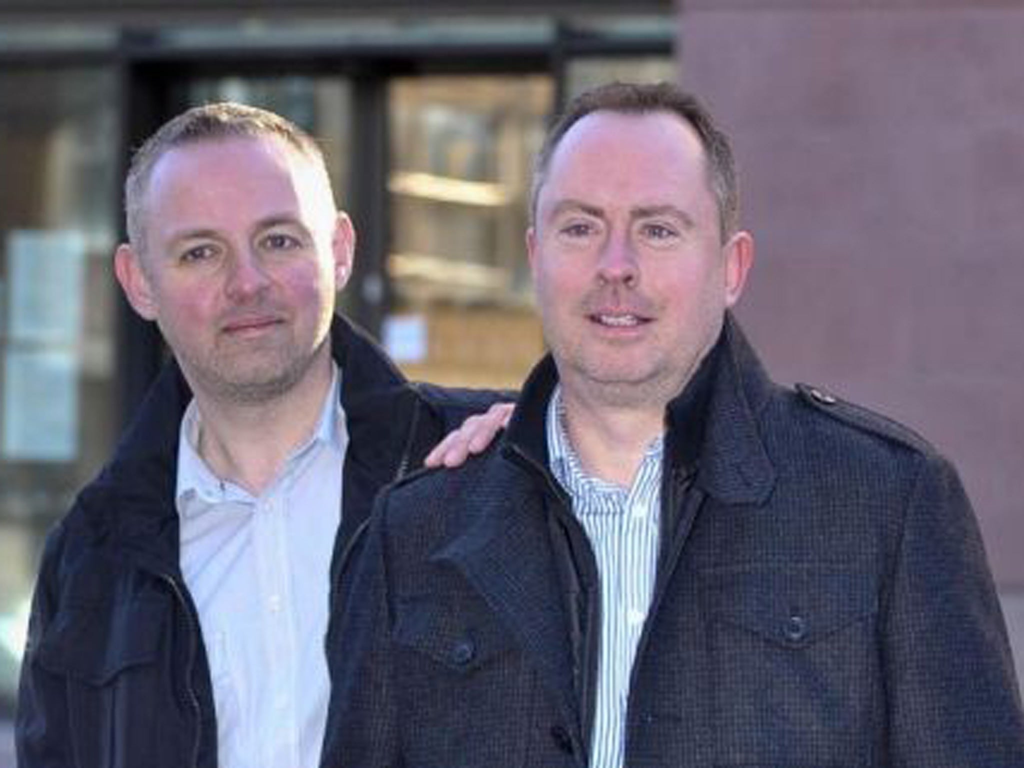 A 2011 photo of Steven Preddy (left) and Martin Hall, who were turned away from the guest house of Peter Bull and his wife Hazelmary