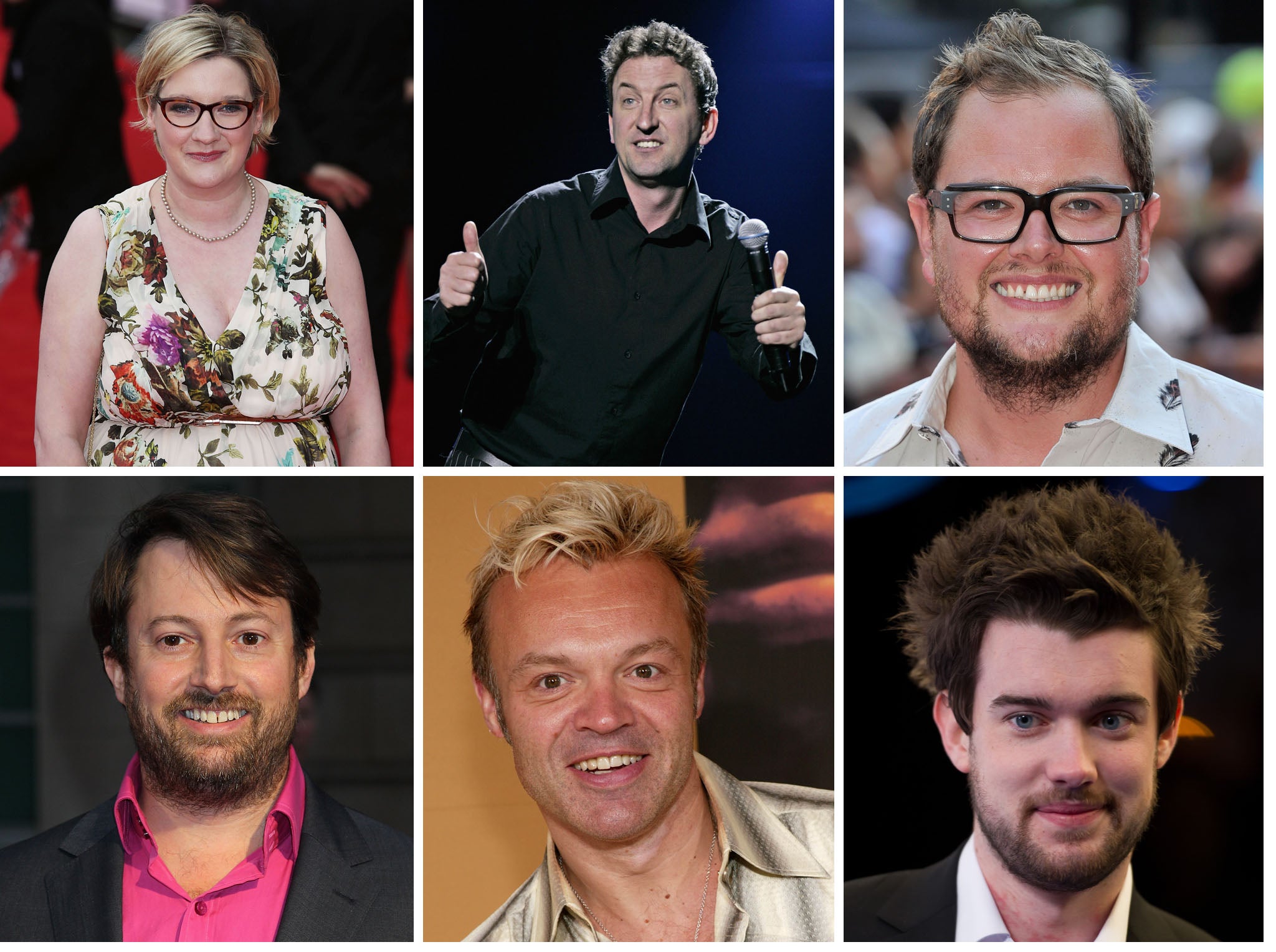 Clockwise from left: Sarah Millican; Lee Mack; Alan Carr; David Mitchell; Graham Norton and Jack Whitehall are up for the King or Queen of Comedy Award 2013