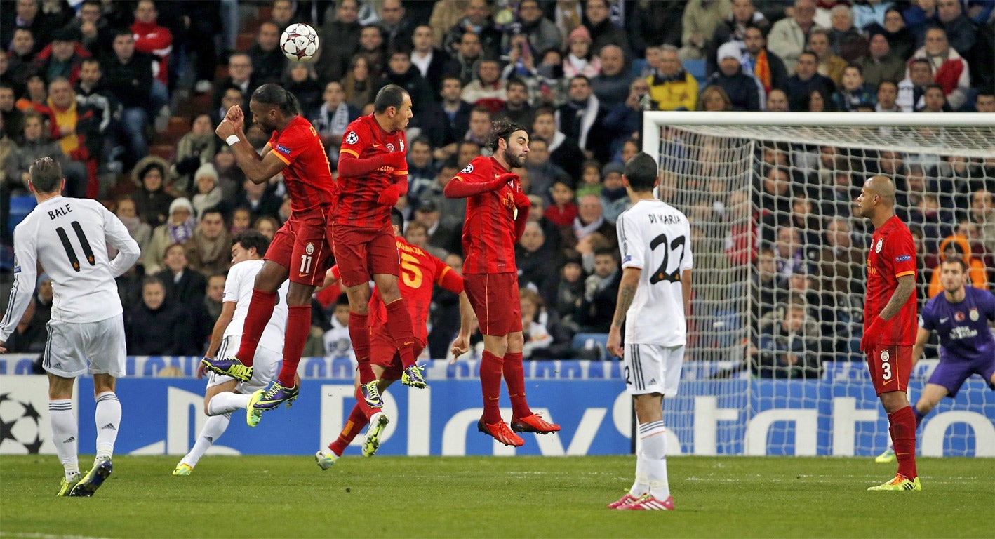 Gareth Bale curls in Real Madrid’s first goal at the Bernabeu