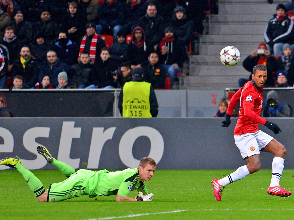 Nani rounds the Leverkusen keeper, Bernd Leno, to score United's fifth (Getty)