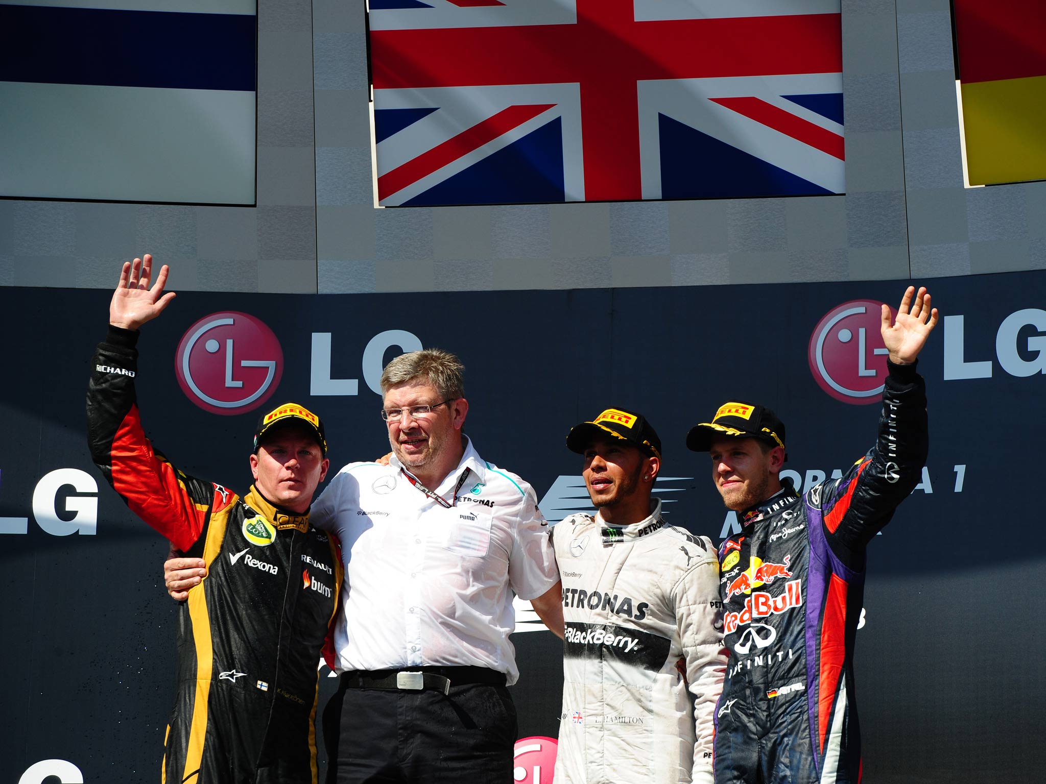 Ross Brawn with Kimi Raikkonen, Lewis Hamilton and Red Bull driver Sebastian Vettel