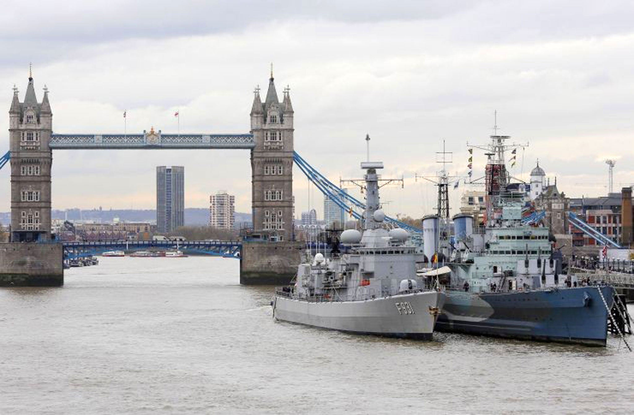 Belgian Frigate Louise Marie docked with the decommissioned light cruiser HMS Belfast in London