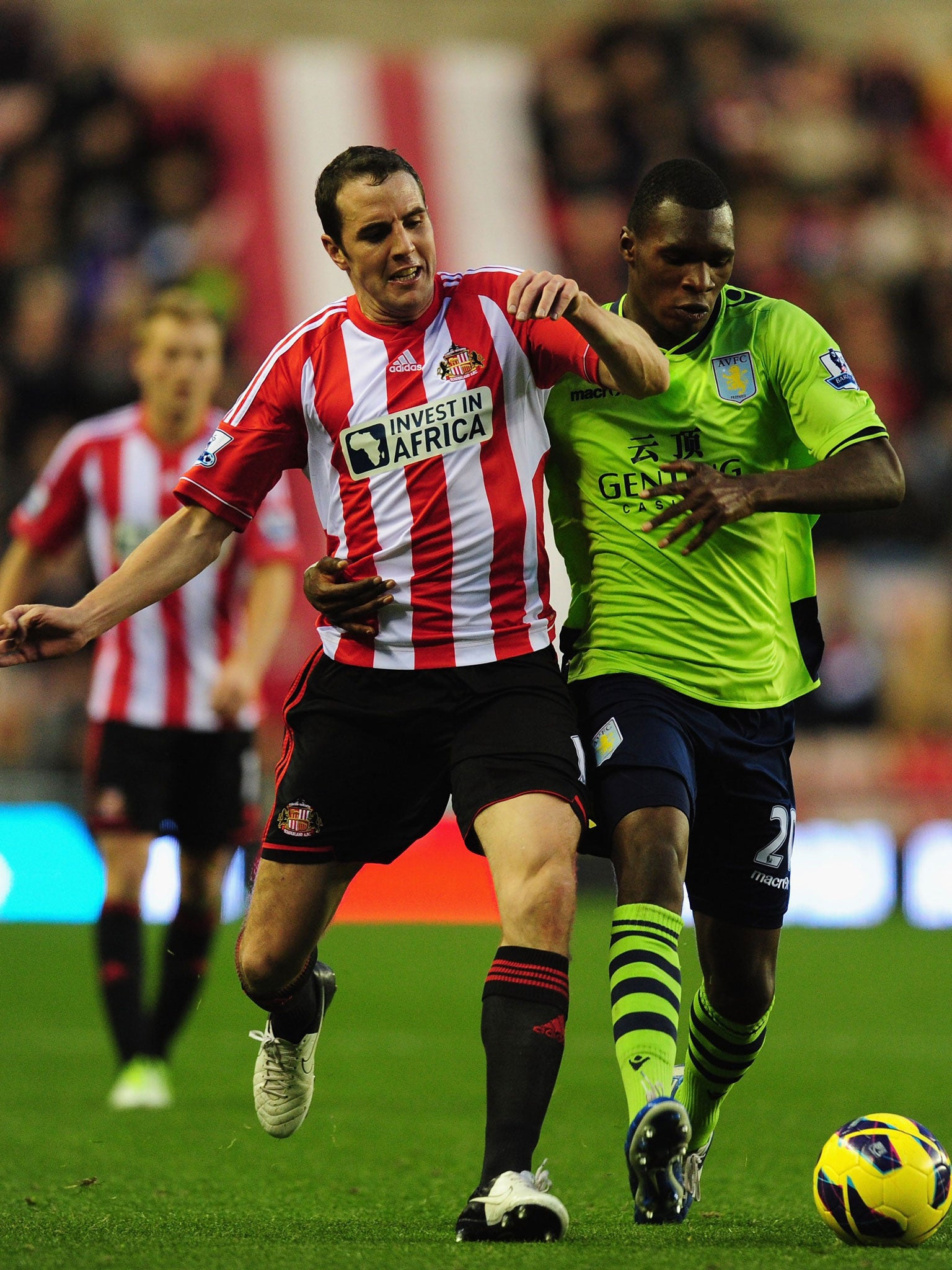 Sunderland's John O'Shea tussles with Christian Benteke, of Aston Villa, in one of last season's meetings between the grand old clubs