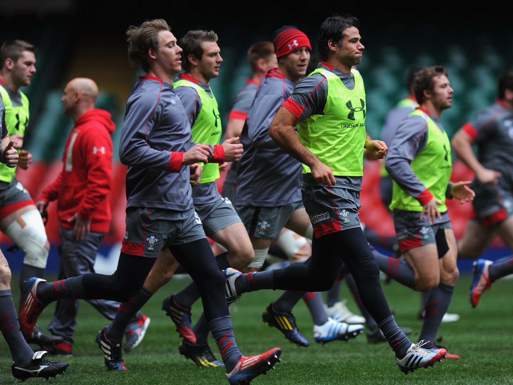 The Welsh team train at the Millennium Stadium in Cardiff