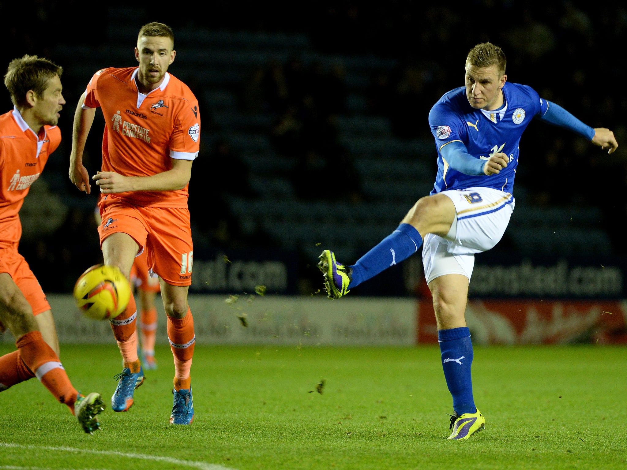 Chris Wood fires a shot at goal during Leicester's 3-0 win over Millwall