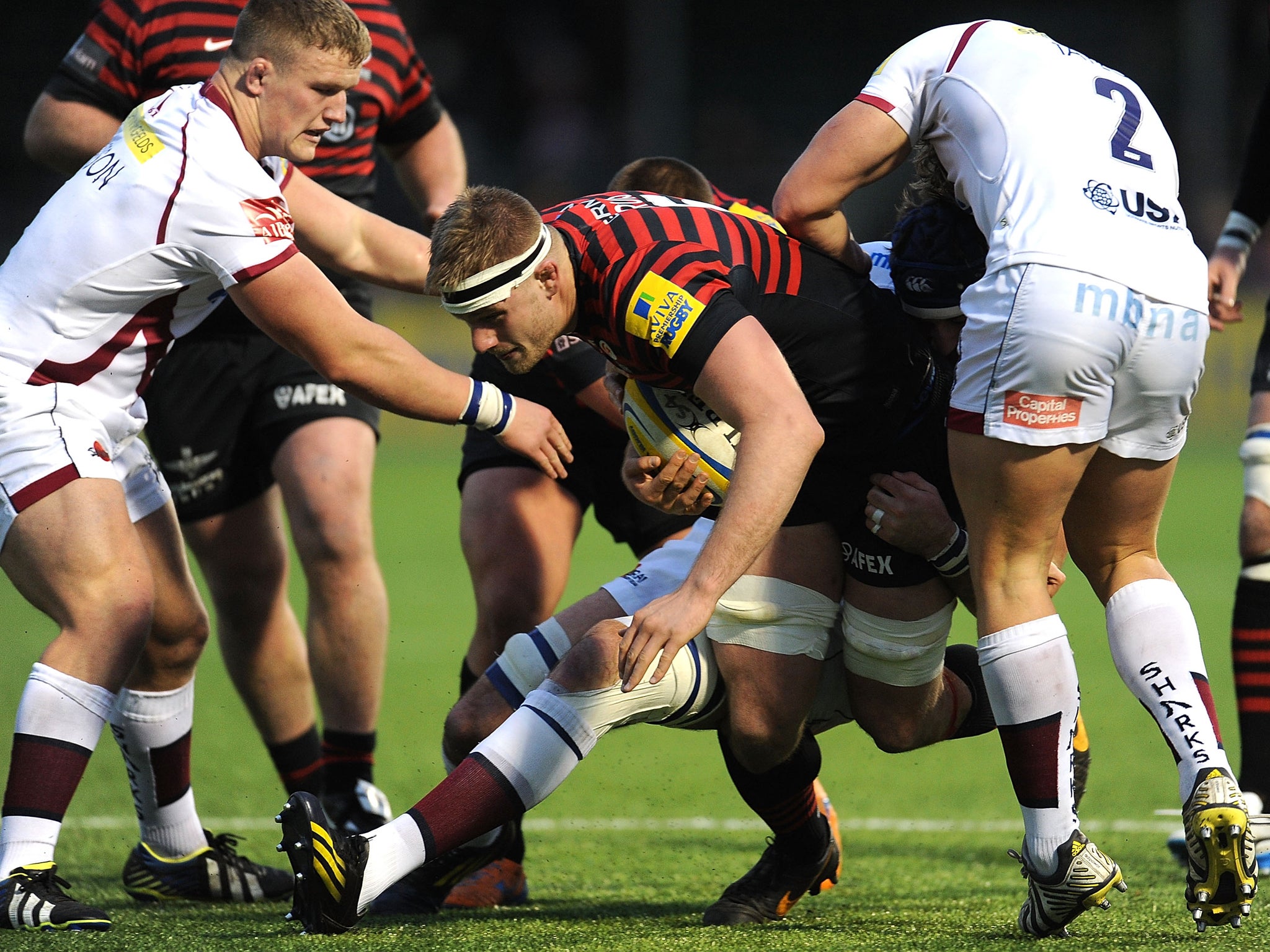 George Kruis of Saracens tries to break through the Sale defence on Saturday