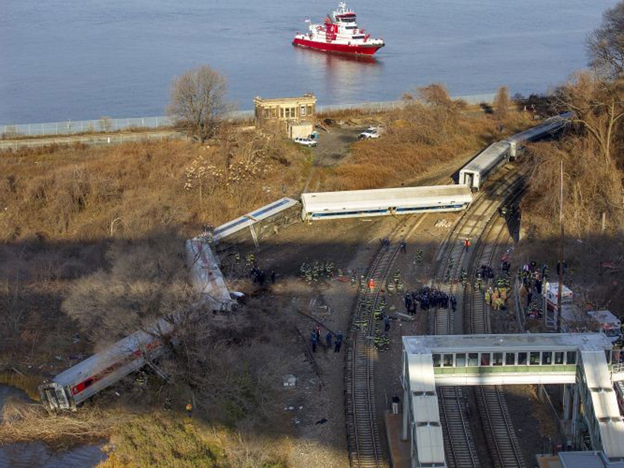 A New York Fire Department boat approaches the scene