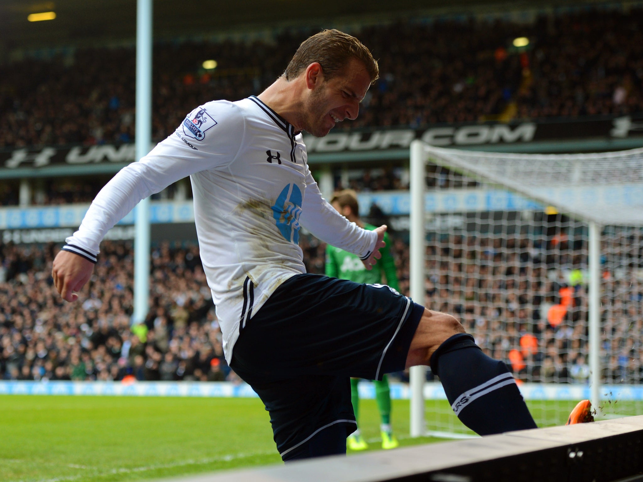 Tottenham striker Roberto Soldado kicks the advertising boards in frustration during the Premier League draw with Manchester United