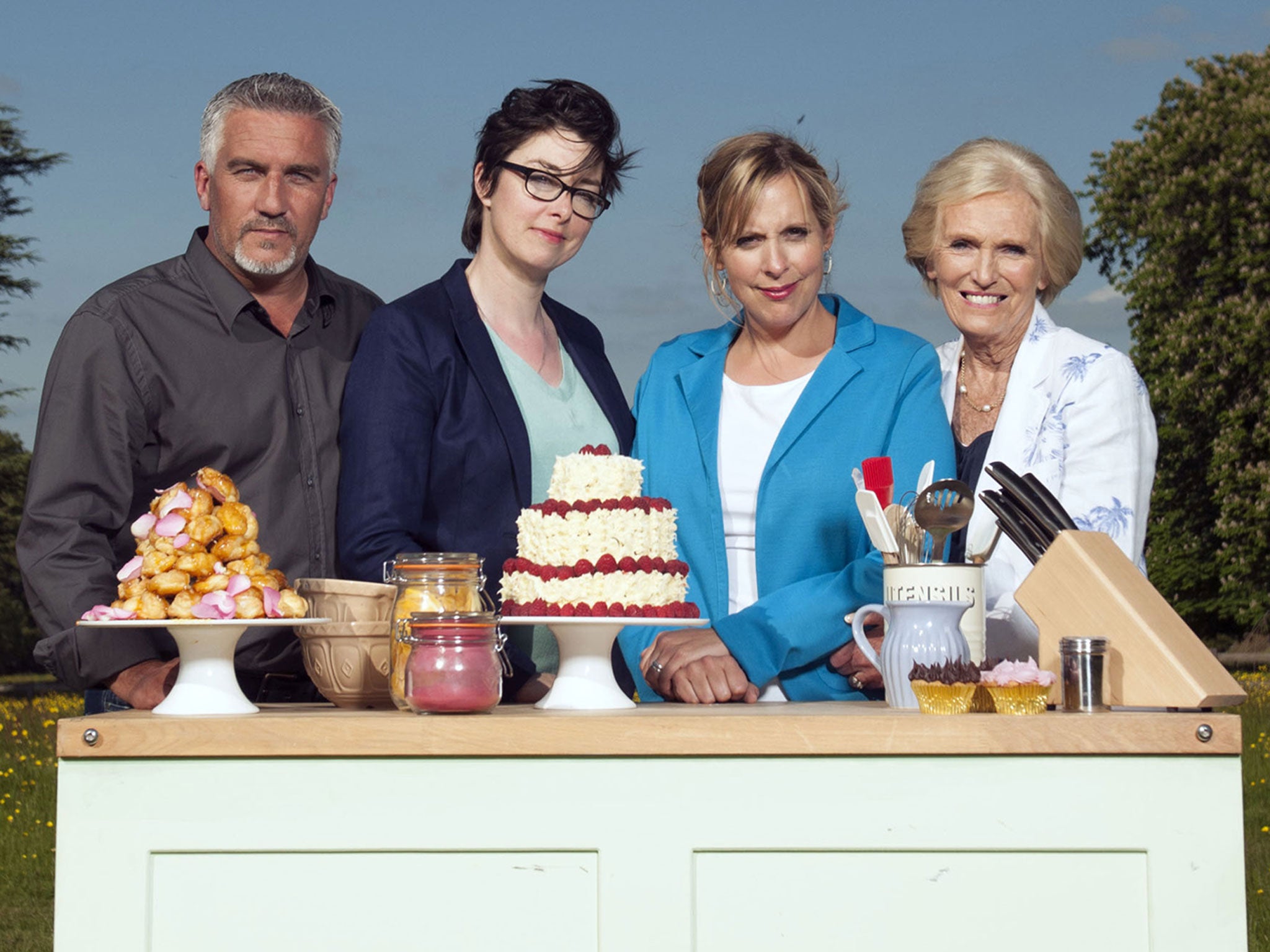 Sue Perkins with the Bake Off team: Paul Hollywood, Mel Giedroyc and Mary Berry