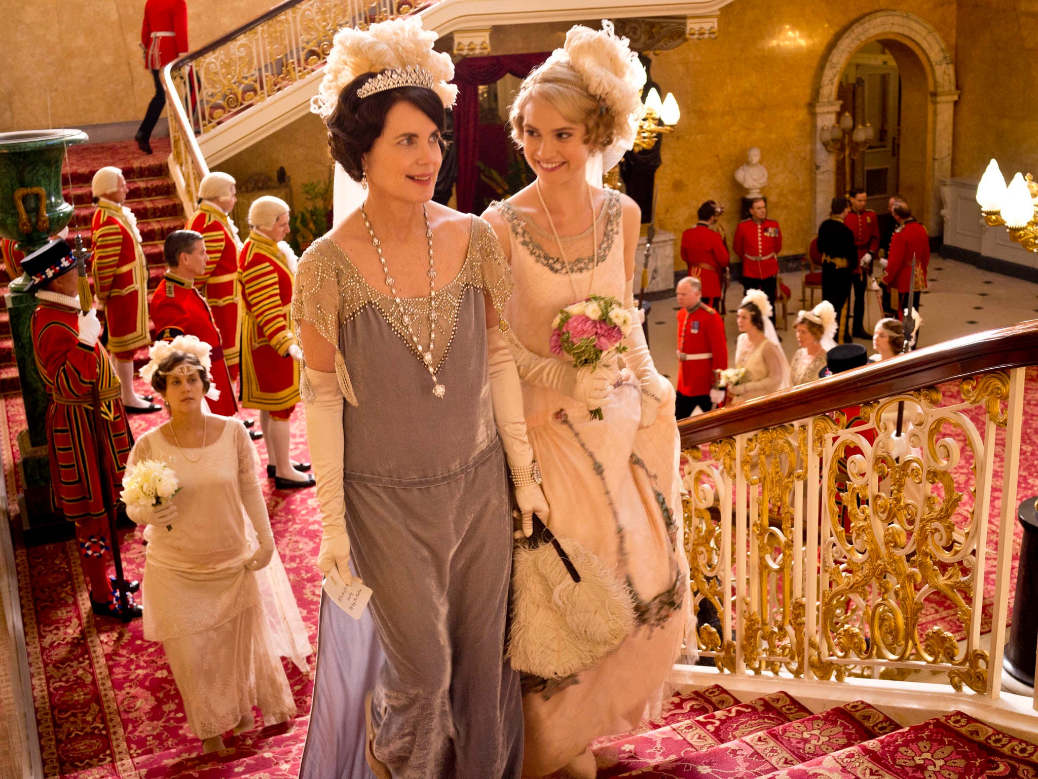 Elizabeth McGovern as Cora, Countess of Grantham and Lily James as Lady Rose in the Downton Abbey Christmas special 2013