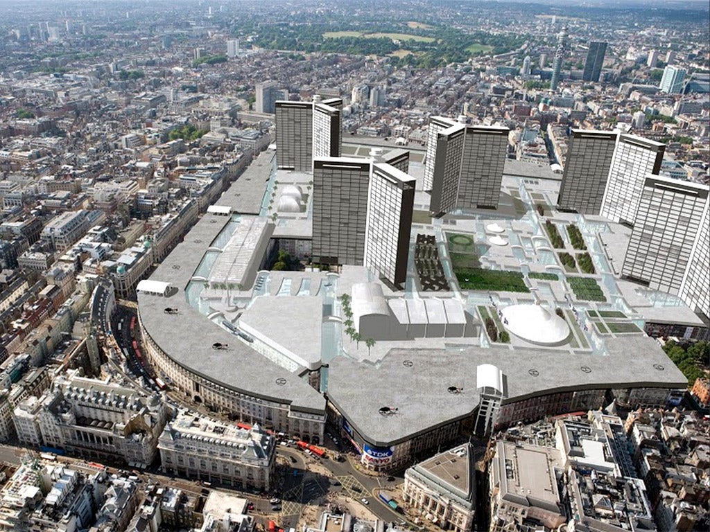 A digital depiction of a plan for Soho in 1954 shows the district built over with platforms, with glass-bottomed canals following street patterns and 24-storey towers