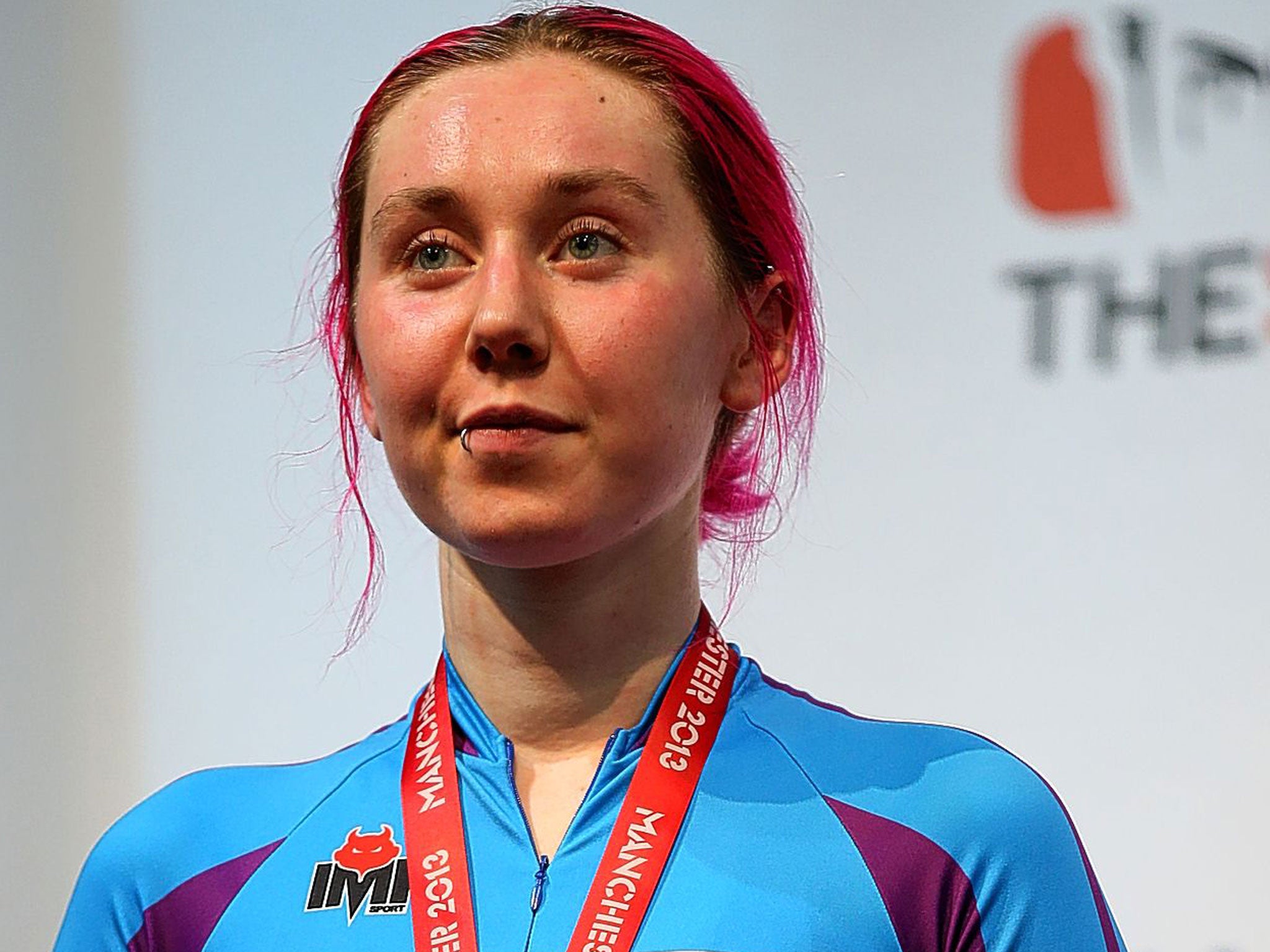 Silver medal winner Katie Archibald of Scottish Cycling Braveheart.Com celebrates on the podium after the Women’s Scratch 10km