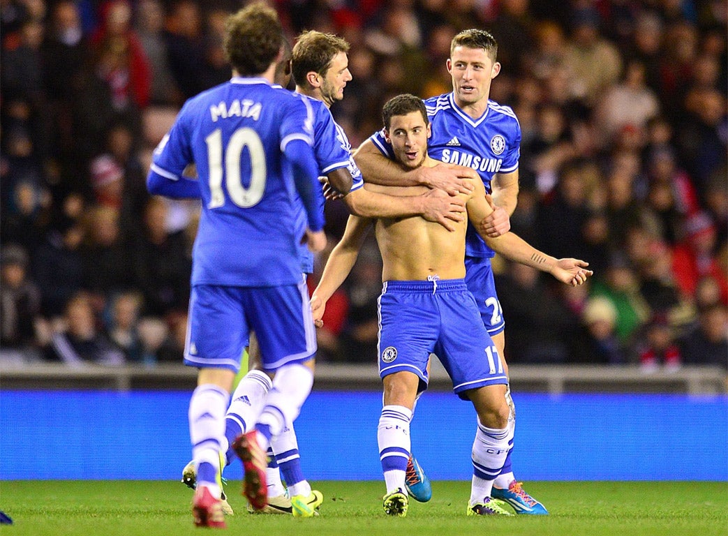 Eden Hazard scored twice for Chelsea but was booked for this celebration