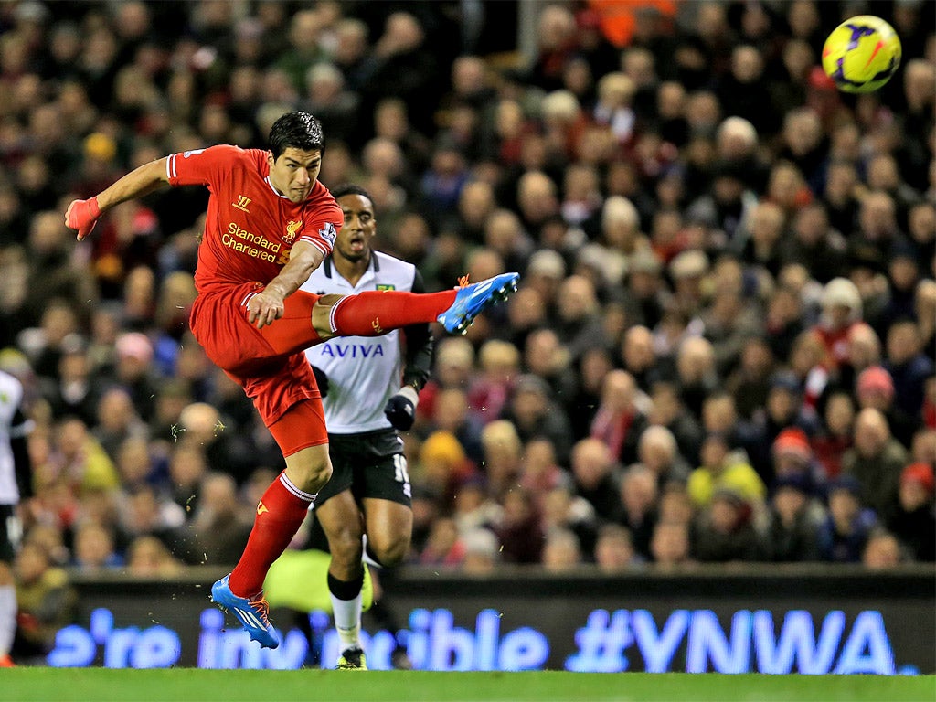 Suarez scores his first - a volley from 35 yards