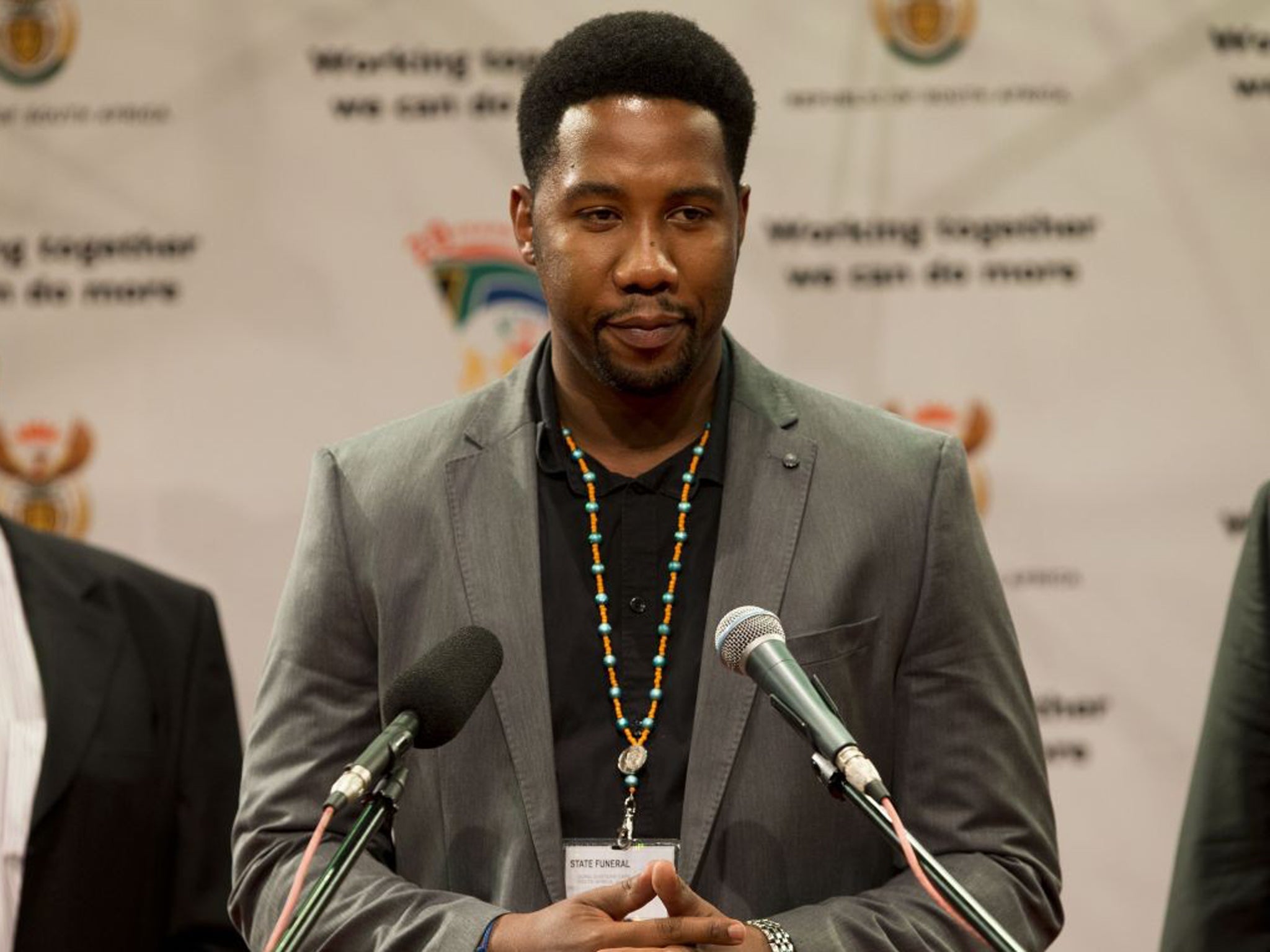 Ndaba Mandela, a grandson of former South African President Nelson Mandela, talks to journalists in Johannesburg