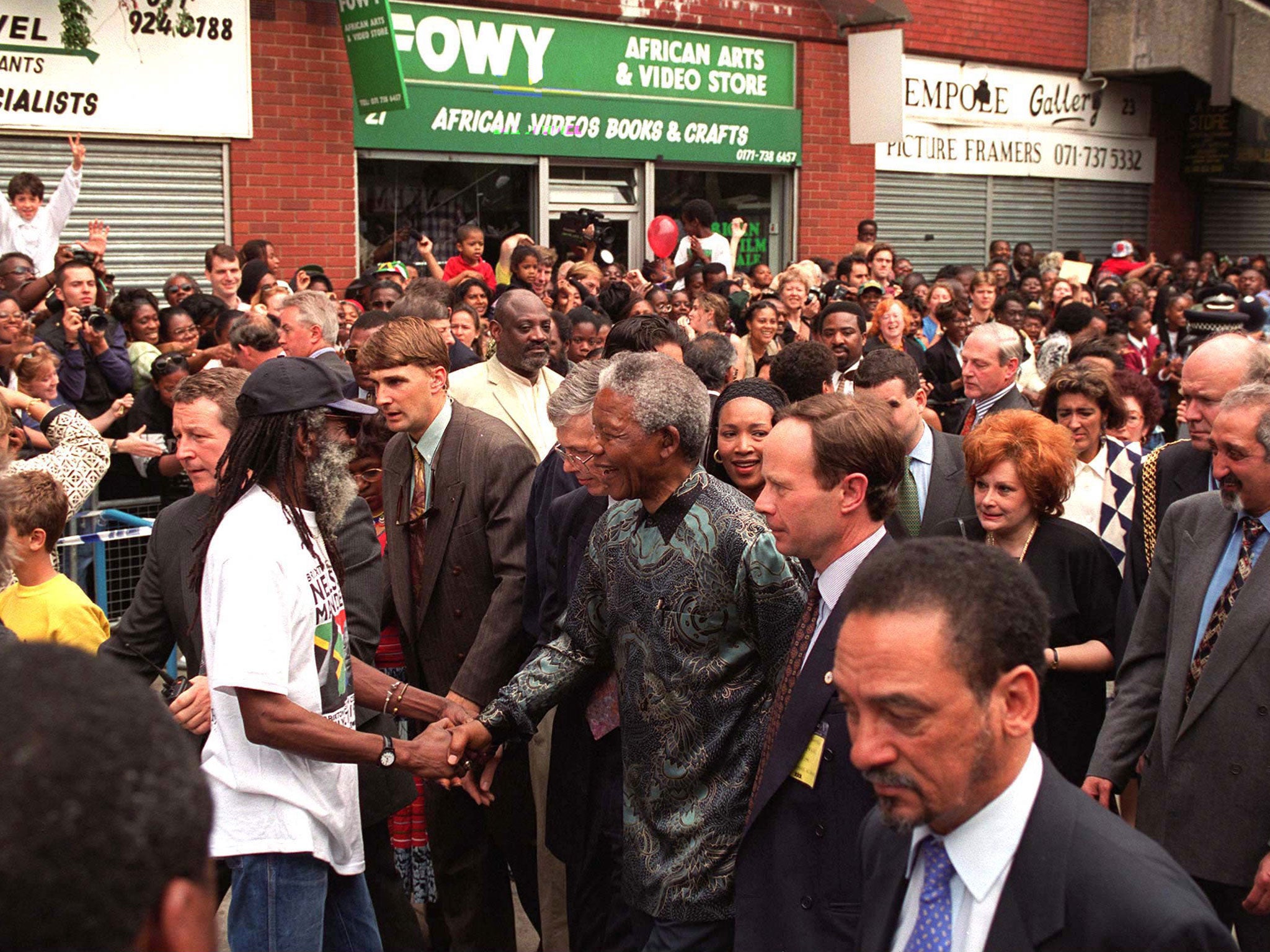 Nelson Mandela in Brixton at the end of his state visit to Britain in 1996