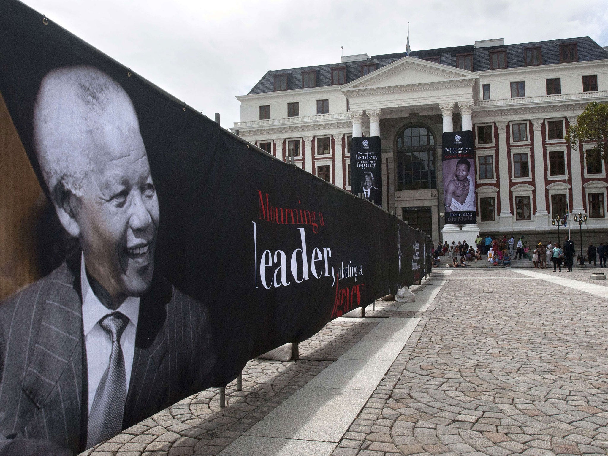 Banners with photographs of late South African president Nelson Mandela, adorn the South African Parliament