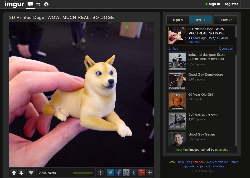 A screenshot of the Imgur site showing a 3D printed statuette of a Shiba Inu, star of the Doge meme.