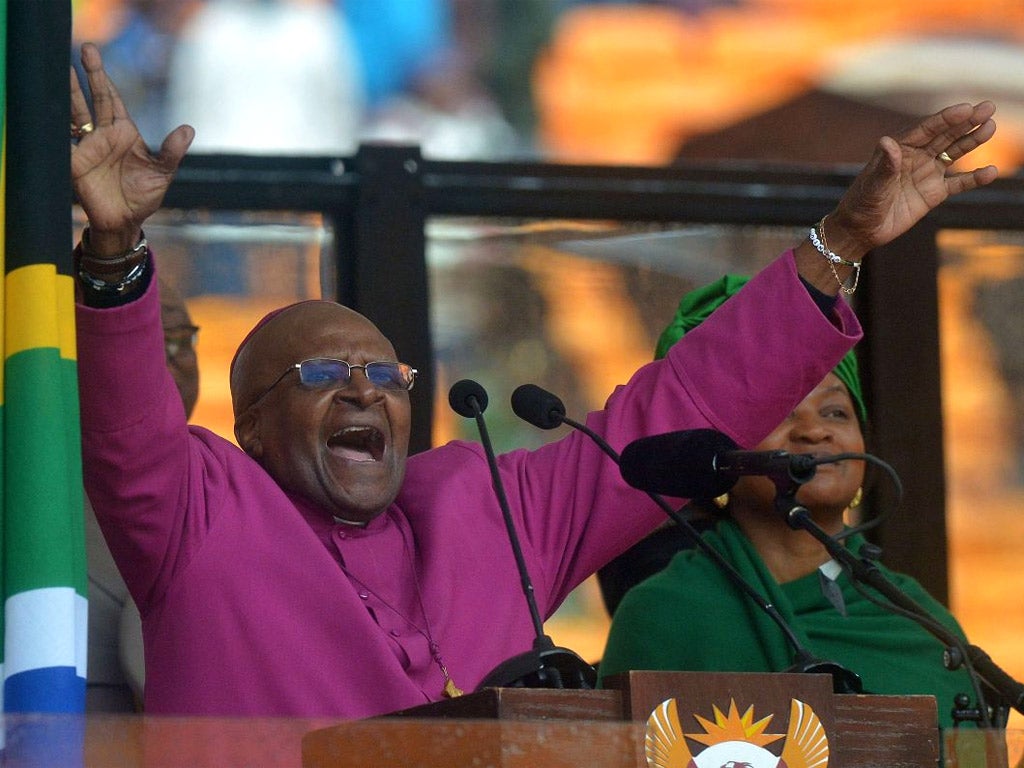 South African Archbishop and Honorary Elders Desmond Tutu delivers his speech