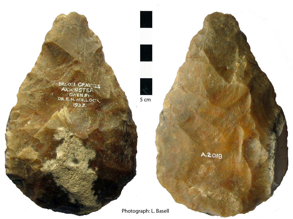 A hand axe, now on display at the Museum of Somerset, Taunton, made by a skilled Homo heidelbergensis toolmaker 300,000 years ago