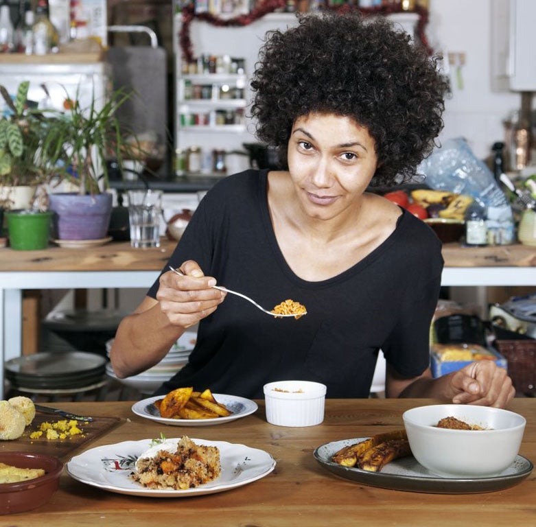 Zoe Adjonyoh tucks into her Ghanaian feast