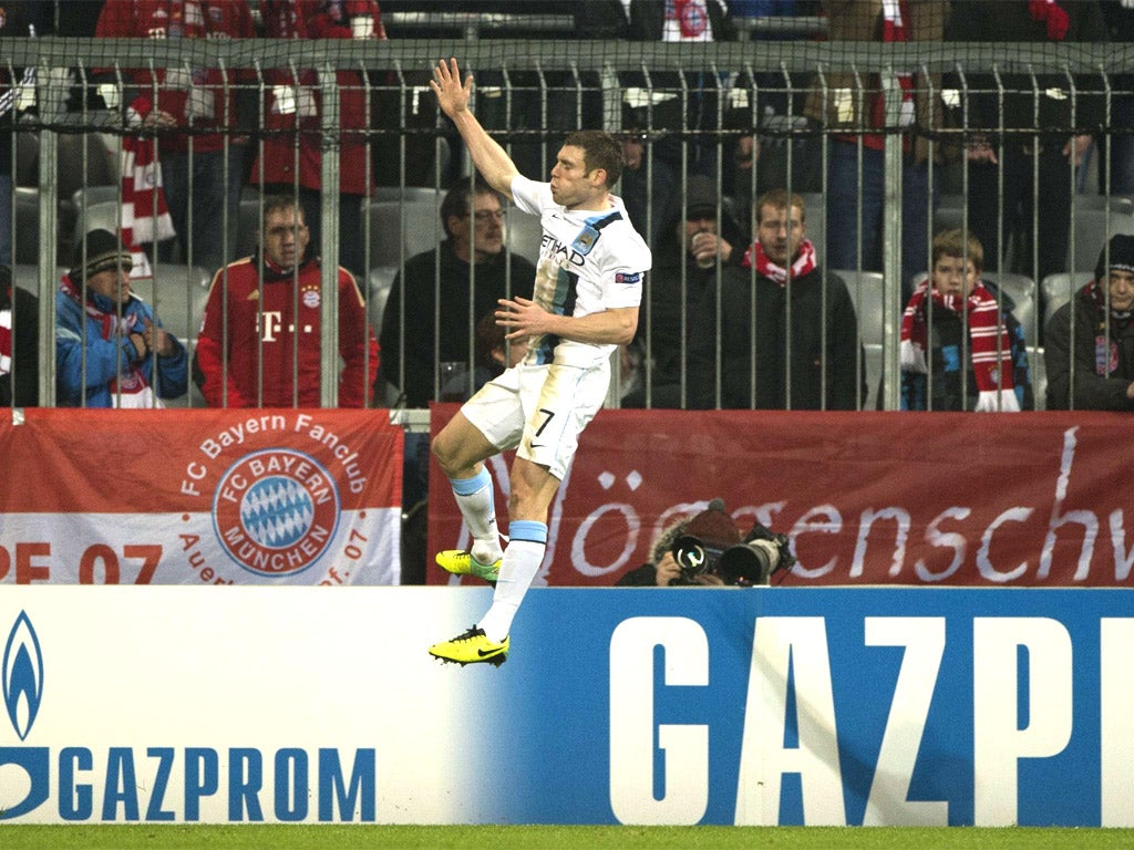 James Milner celebrates scoring City’s winner at the Allianz Arena on Tuesday