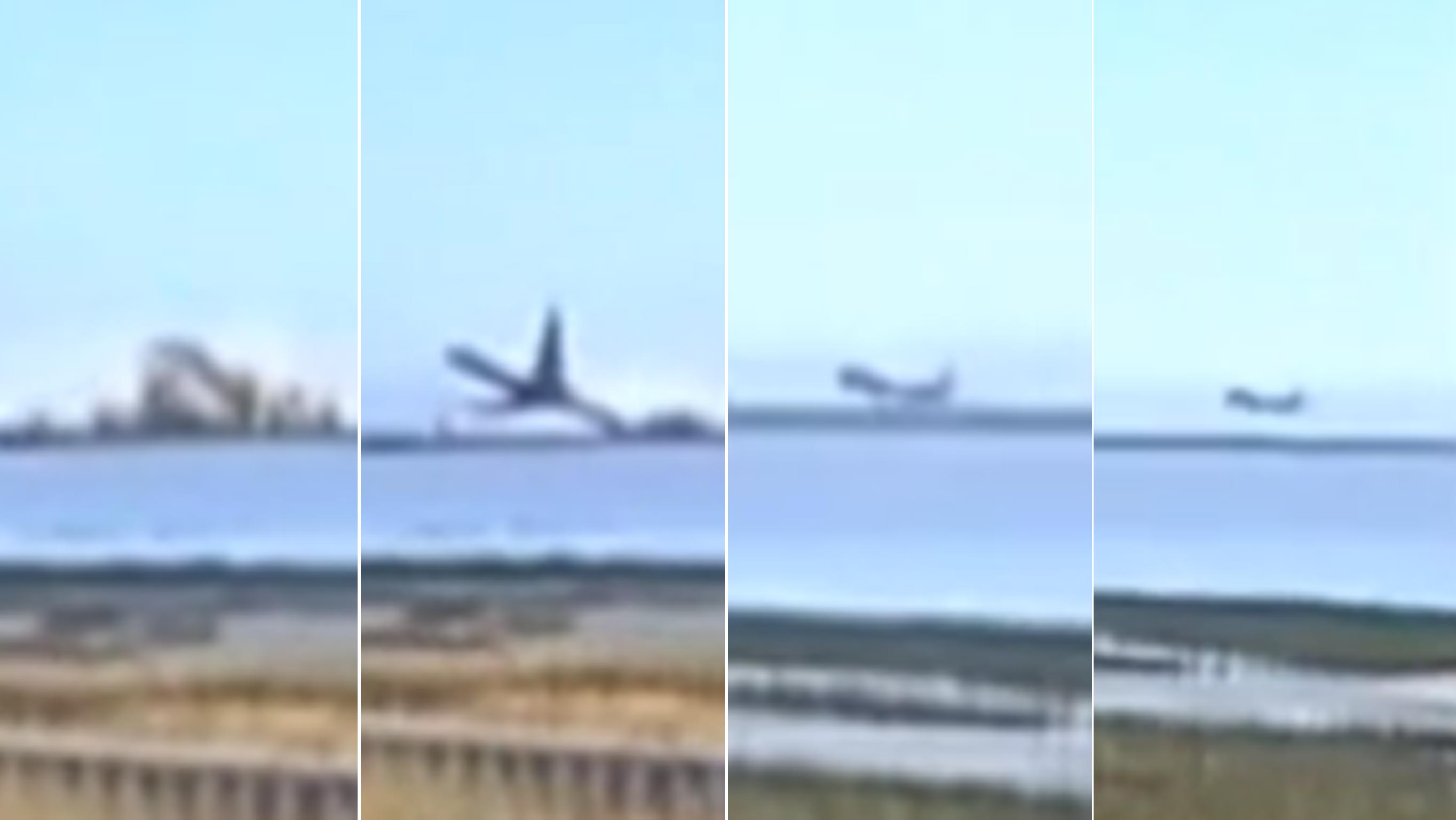 Screen grabs from the video footage show how the plane hit the sea wall and spun before crashing