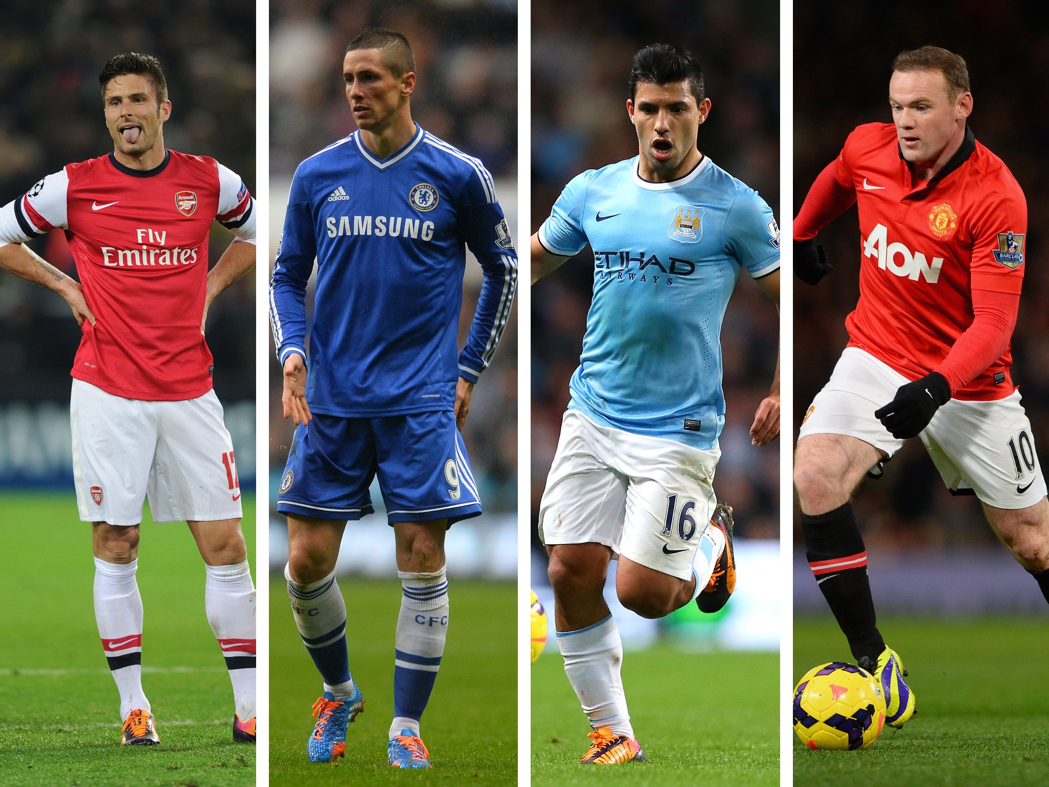 Olivier Giroud of Arsenal, Fernando Torres of Chelsea, Sergio Aguero of Manchester City and Wayne Rooney of Manchester United