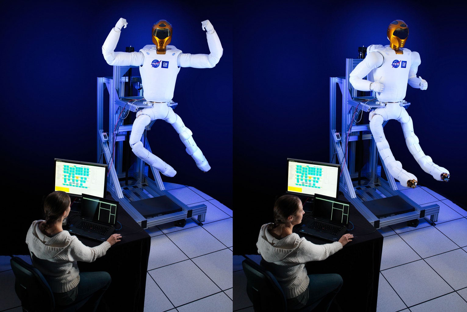 Nasa's Robonaut 2 flexes its limbs.