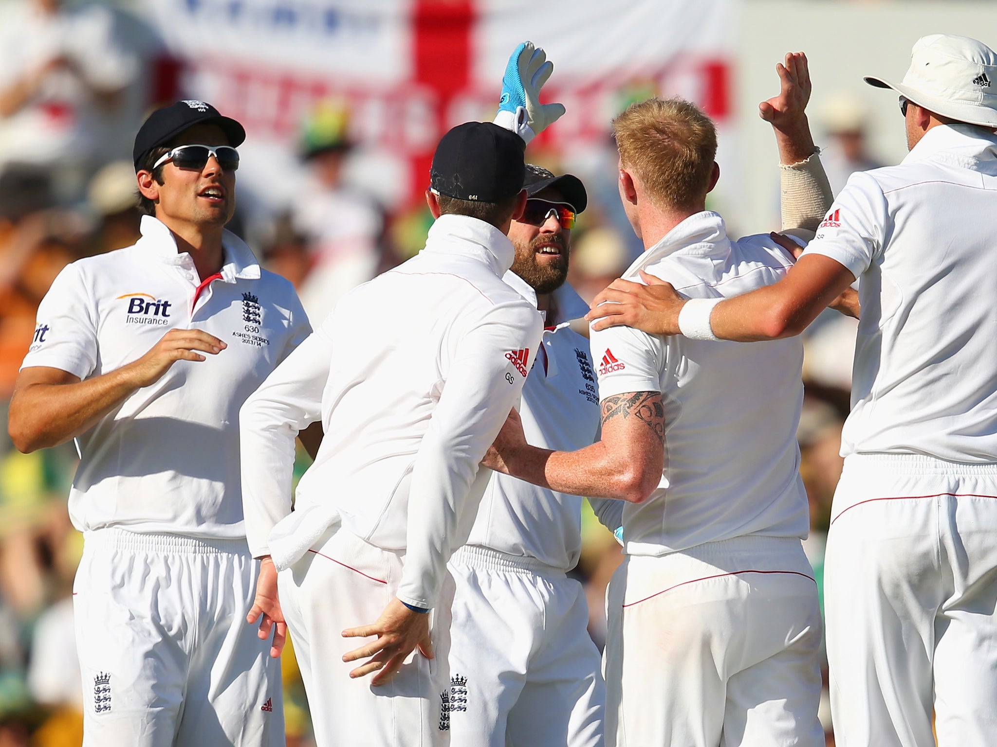 England celebrate the wicket of Haddin but not before he had made 55