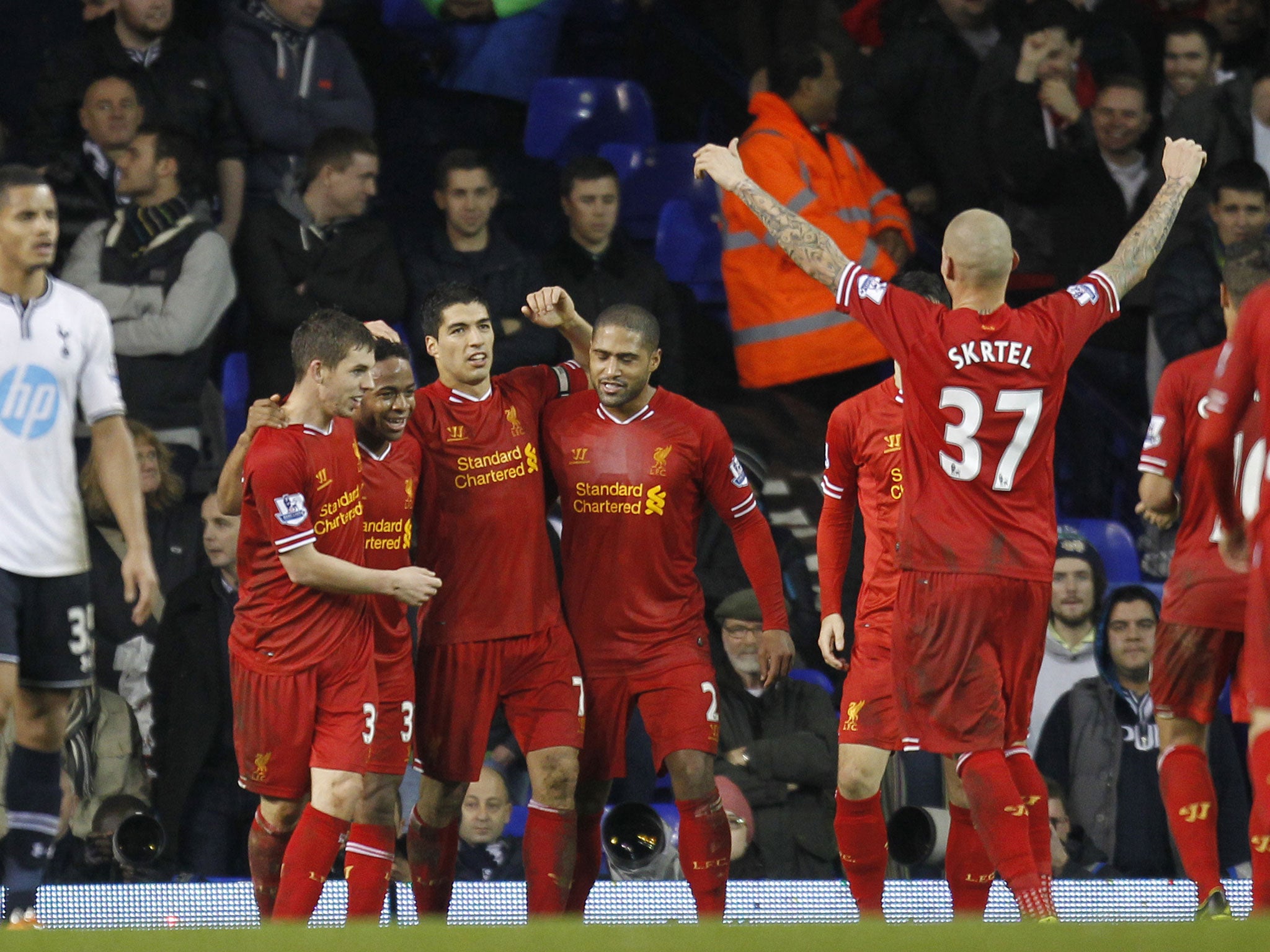 Liverpool celebrate after Luis Suarez scores against Tottenham last season