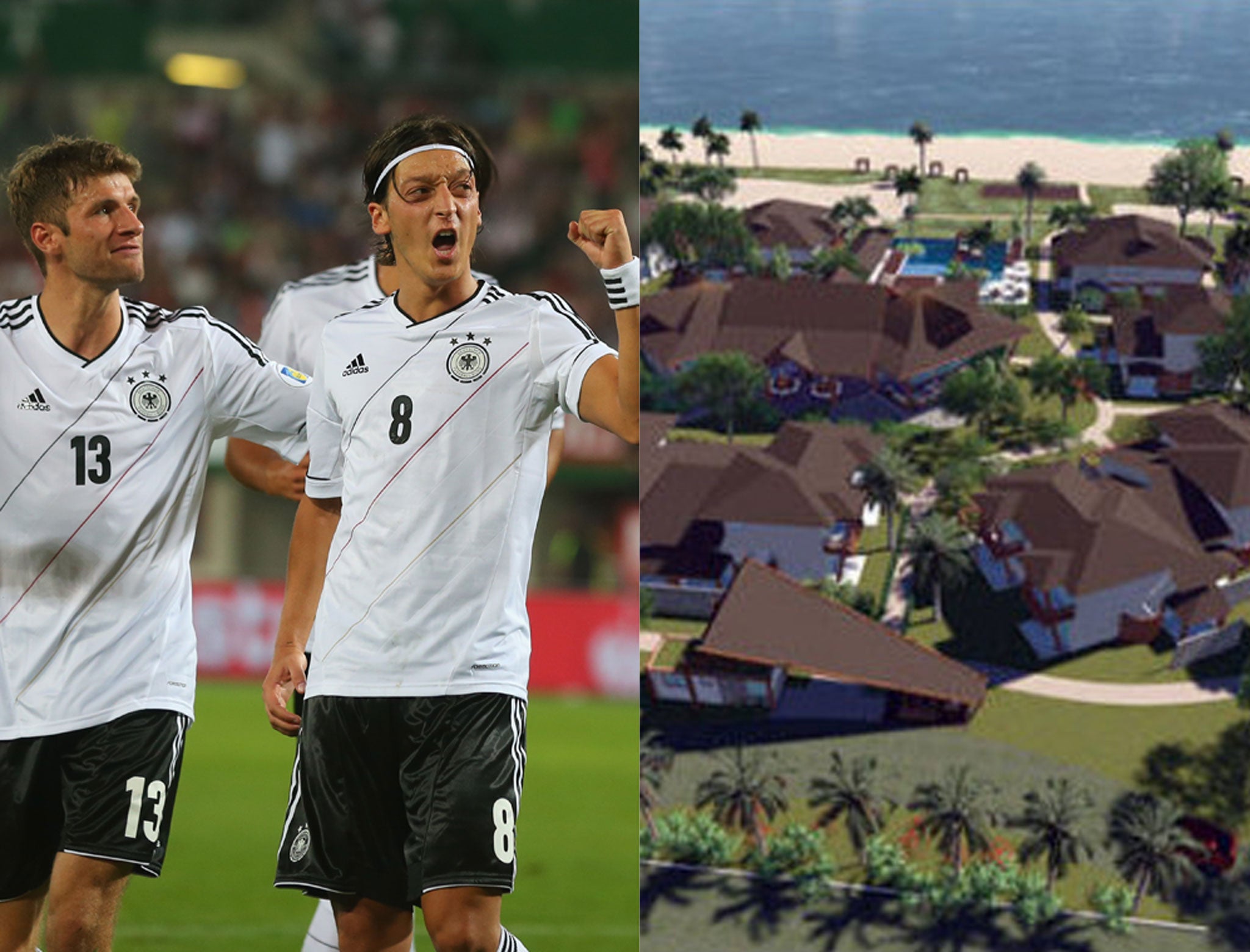 Left: Thomas Müller (l) and Mesut Özil (r) celebrate scoring against Turkey to qualify for the Fifa World Cup 2014. Right: A computer graphic of the Campo Bahia facility which will house the German team next summer.