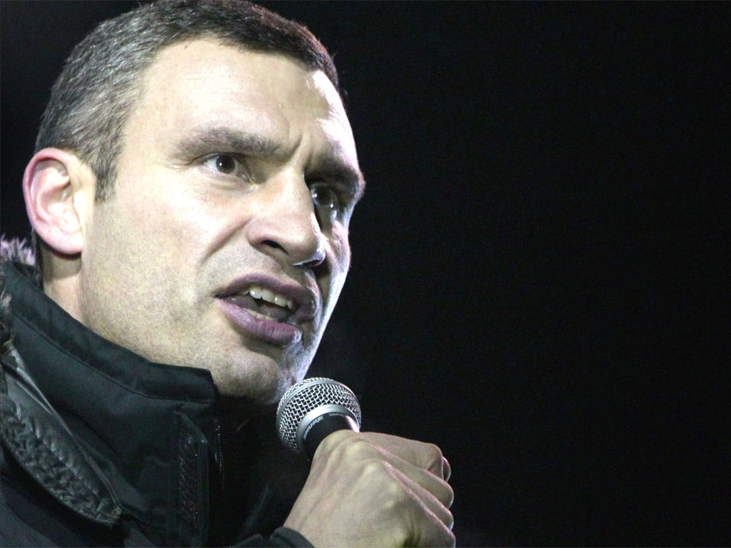 Vitaly Klitschko, leader of opposition party UDAR, speaks during a pro-EU rally the Independence Square in Kiev