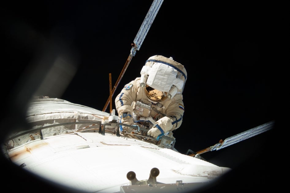 Russian cosmonaut Alexander Misurkin participates in a session of extravehicular activity (EVA) in AUgust 2013 at the ISS.