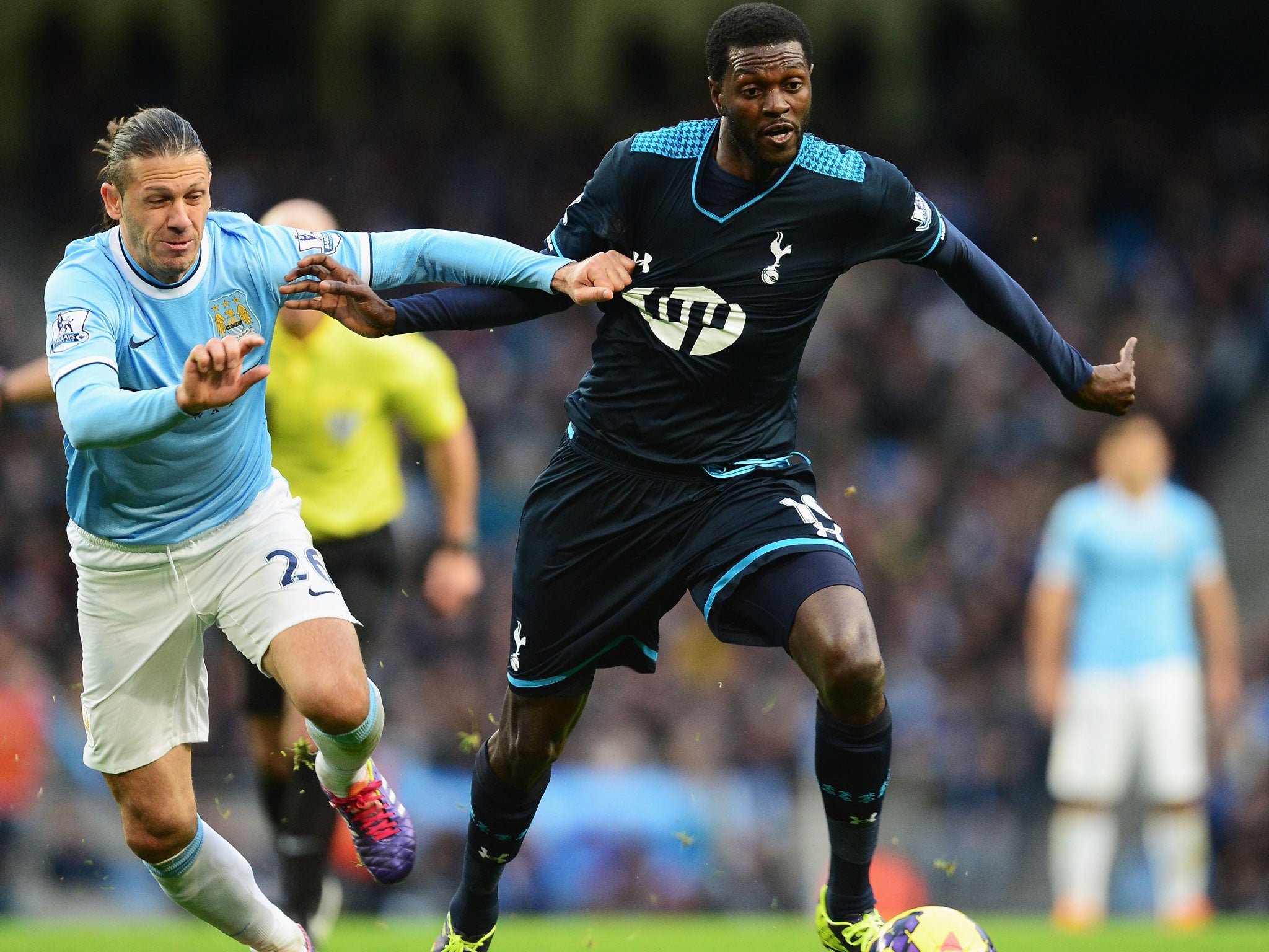 Emmanuel Adebayor in action against Manchester City during his only appearance for Tottenham this season last month