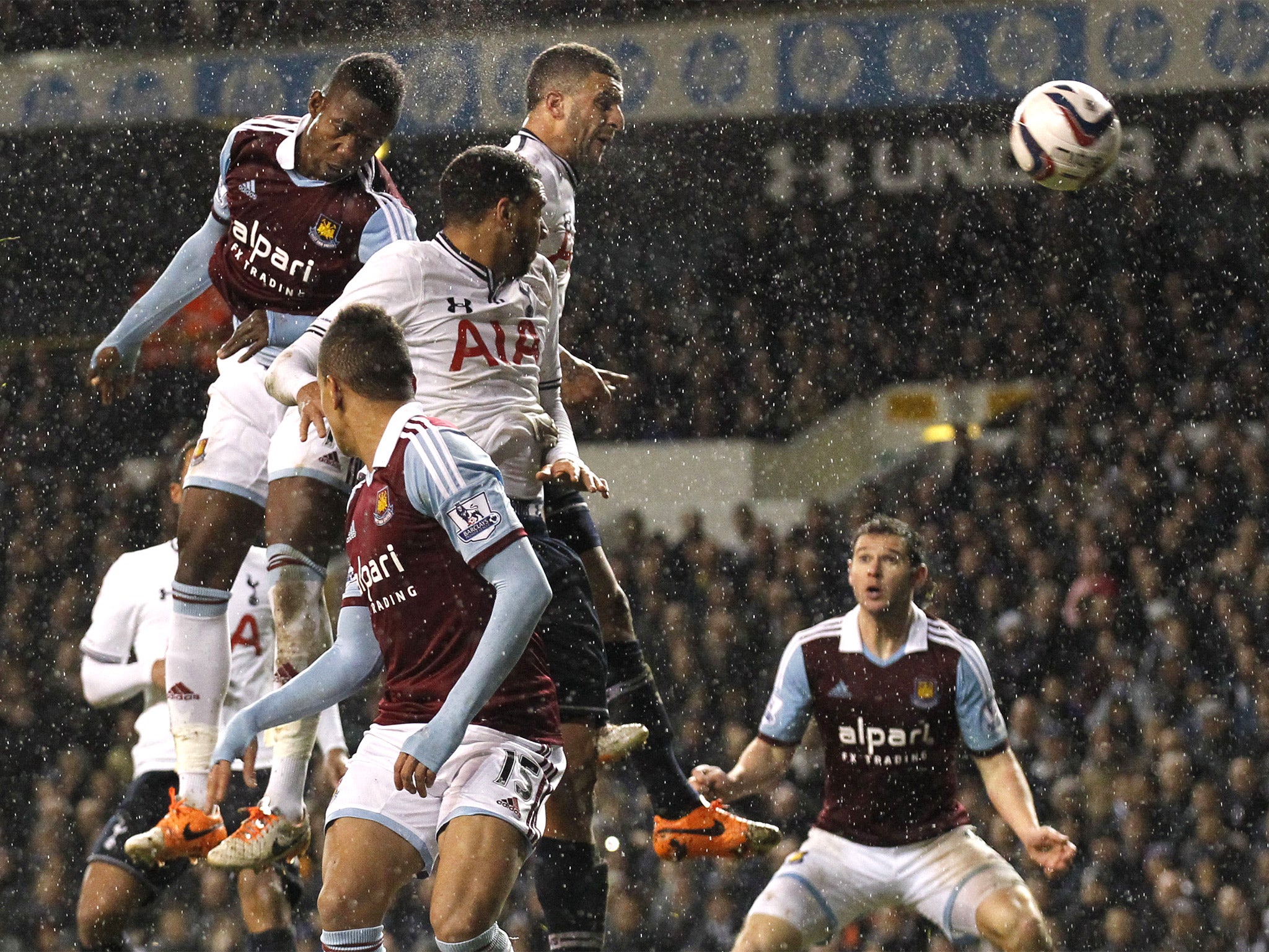 Modibo Maiga rises above the Spurs defence to head in the winner