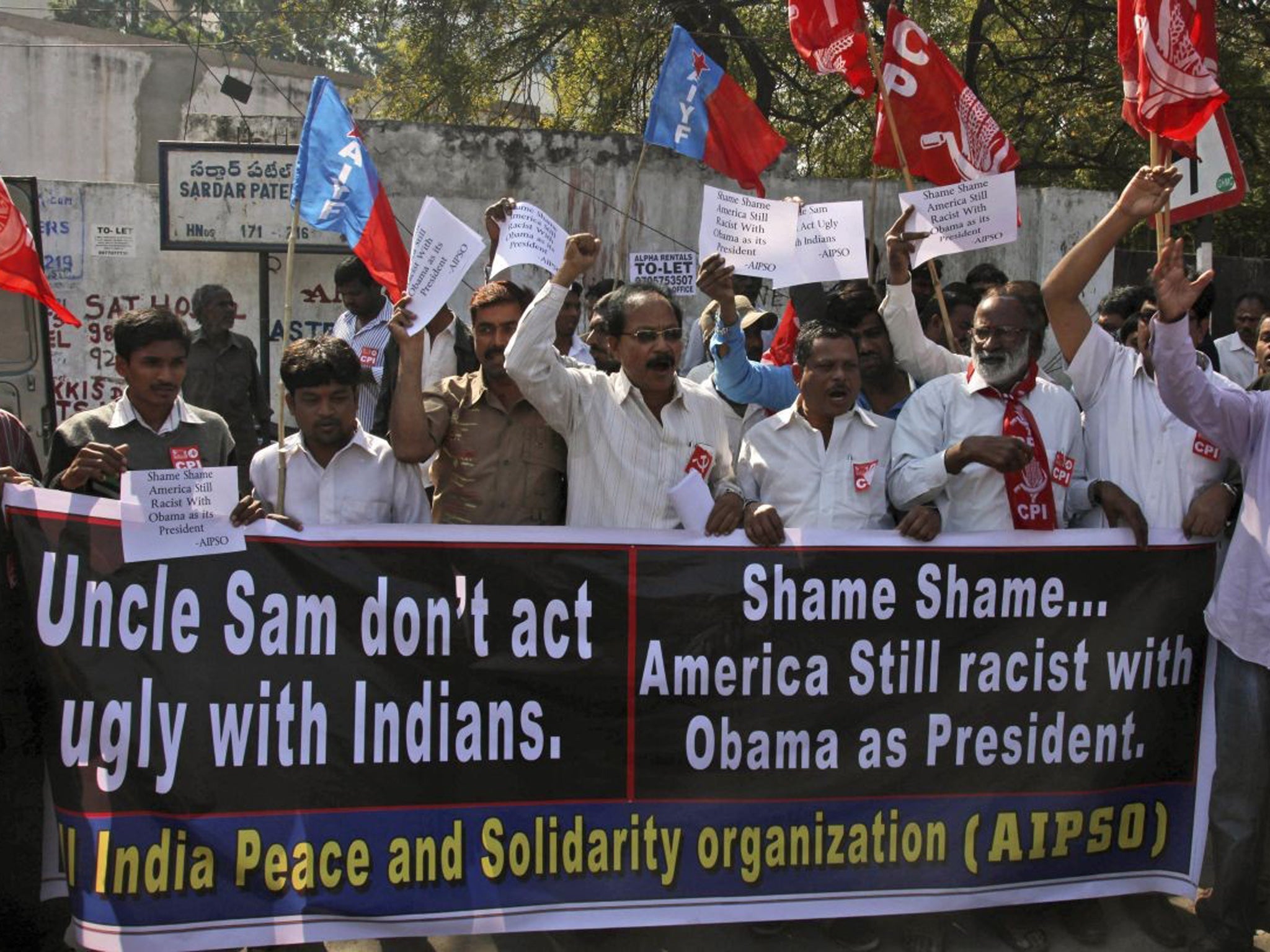 Left party activists shout slogans during a protest against the alleged mistreatment of New York based Indian diplomat Devyani Khobragade, near the US Consulate in Hyderabad