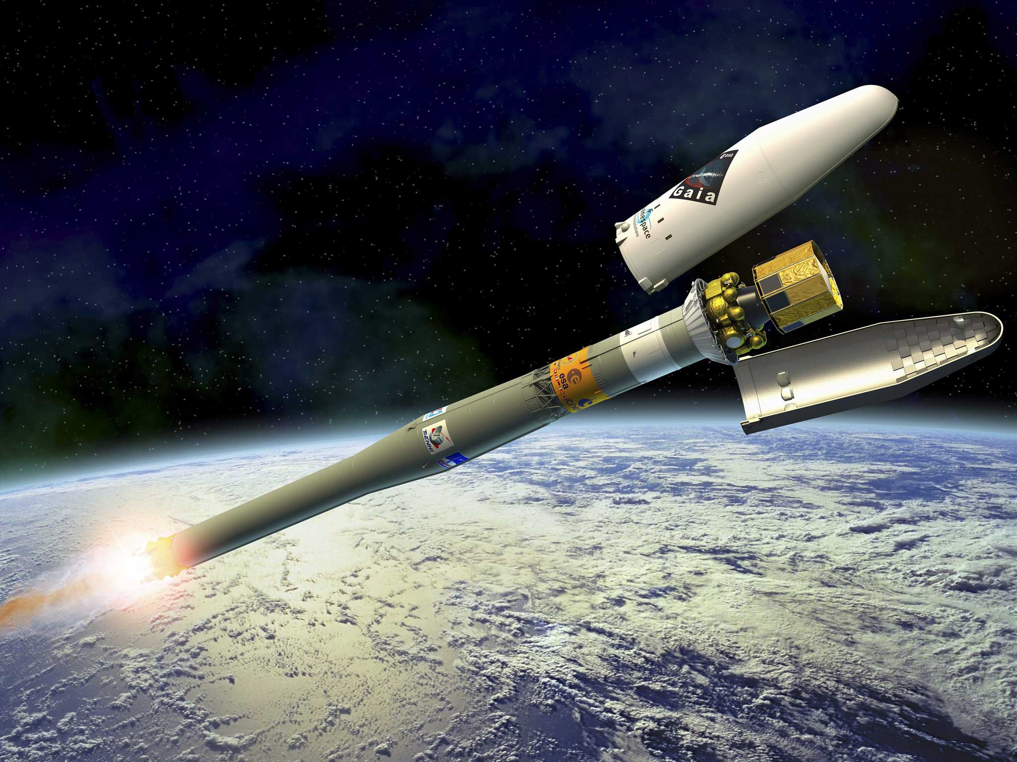 An artist's impression of ESA's galaxy mapping Gaia satellite being carried into space