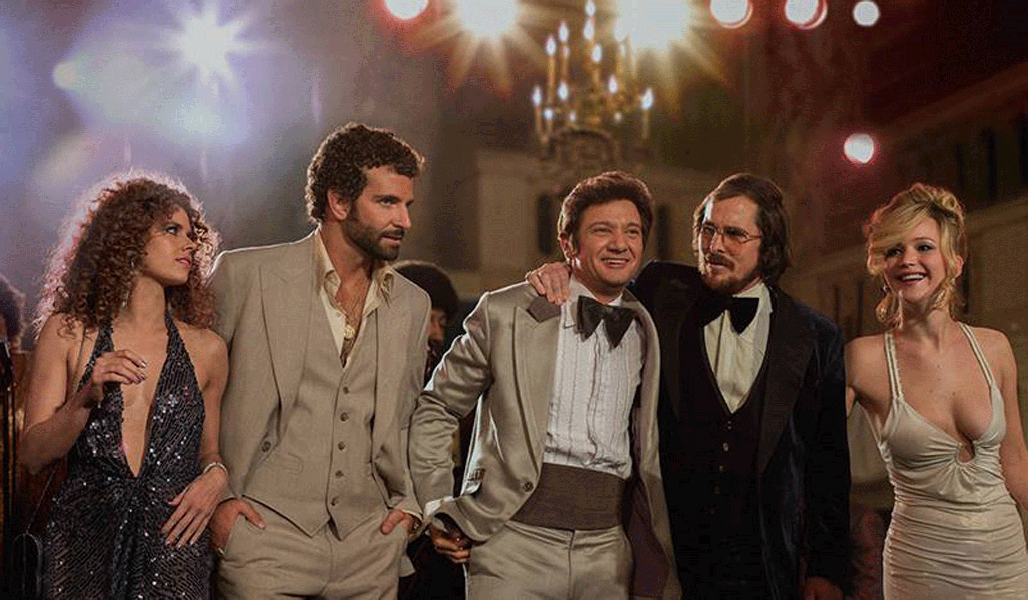 The fake team: Amy Adams, Bradley Cooper, Jeremy Renner, Christian Bale and Jennifer Lawrence in American Hustle