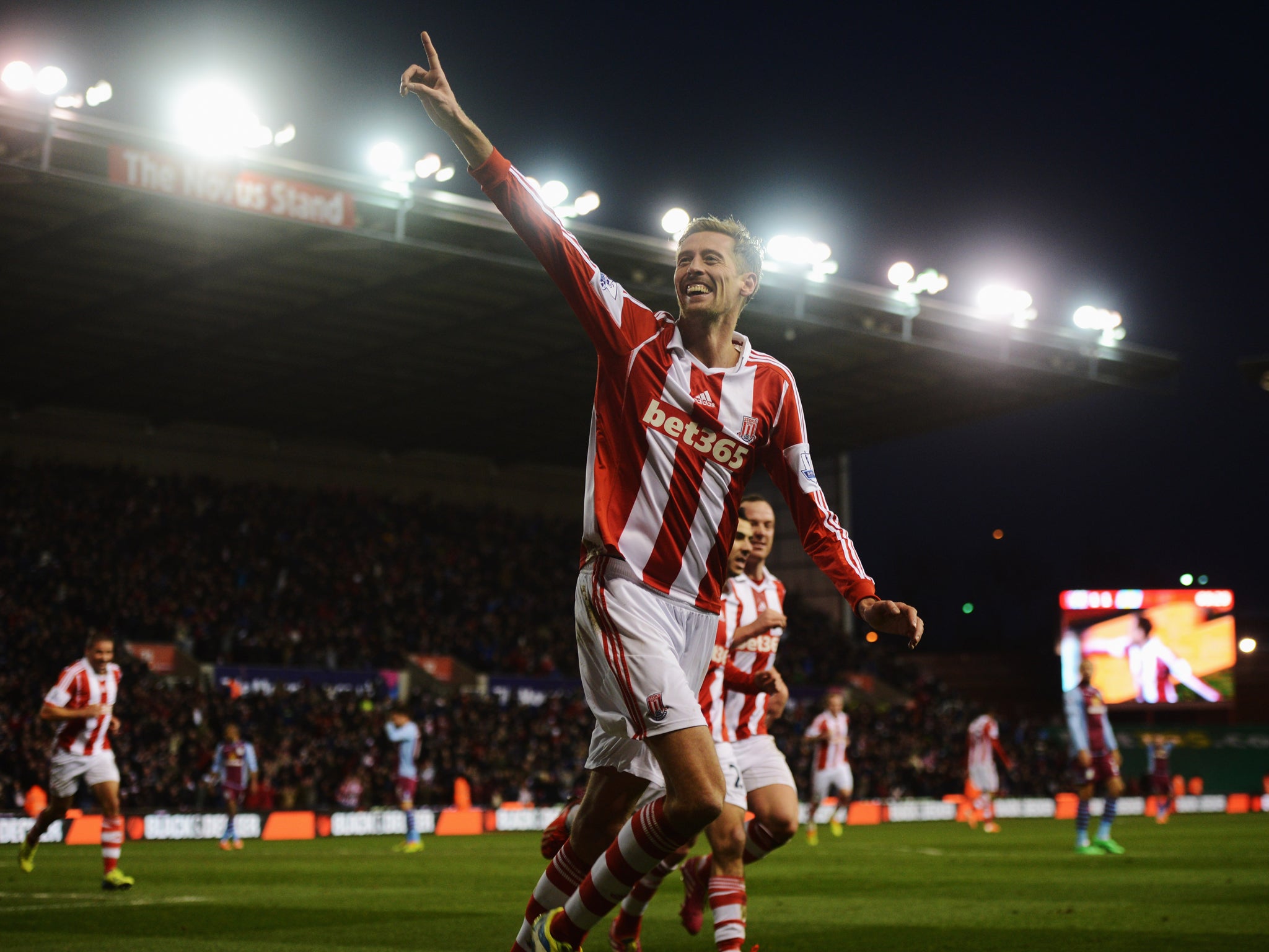 Peter Crouch celebrates scoring the winner for Stoke City against Aston Villa