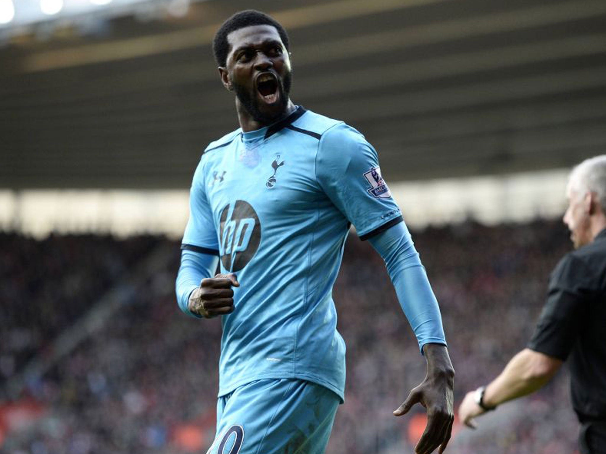 Emmanuel Adebayor celebrates his second goal against Southampton